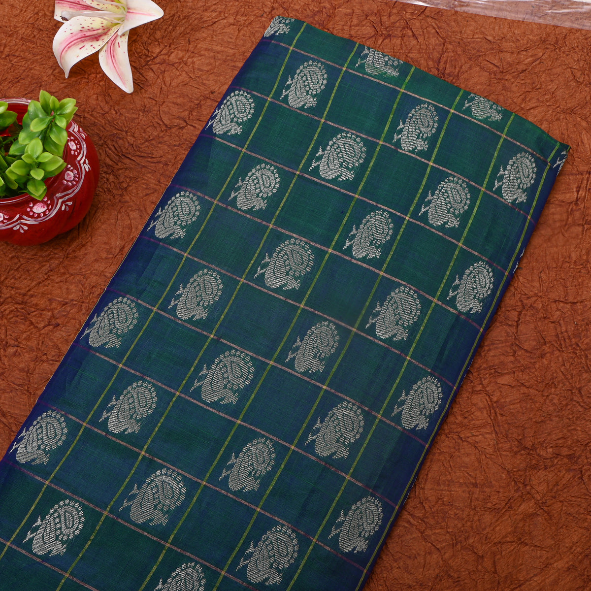 Forest Green Silver Zari Butti Self Weave Banarasi  Silk Fabric