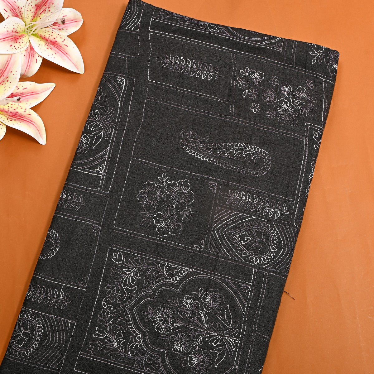 Mindnight Black Geometric Embroidery Munga Tussar Fabric