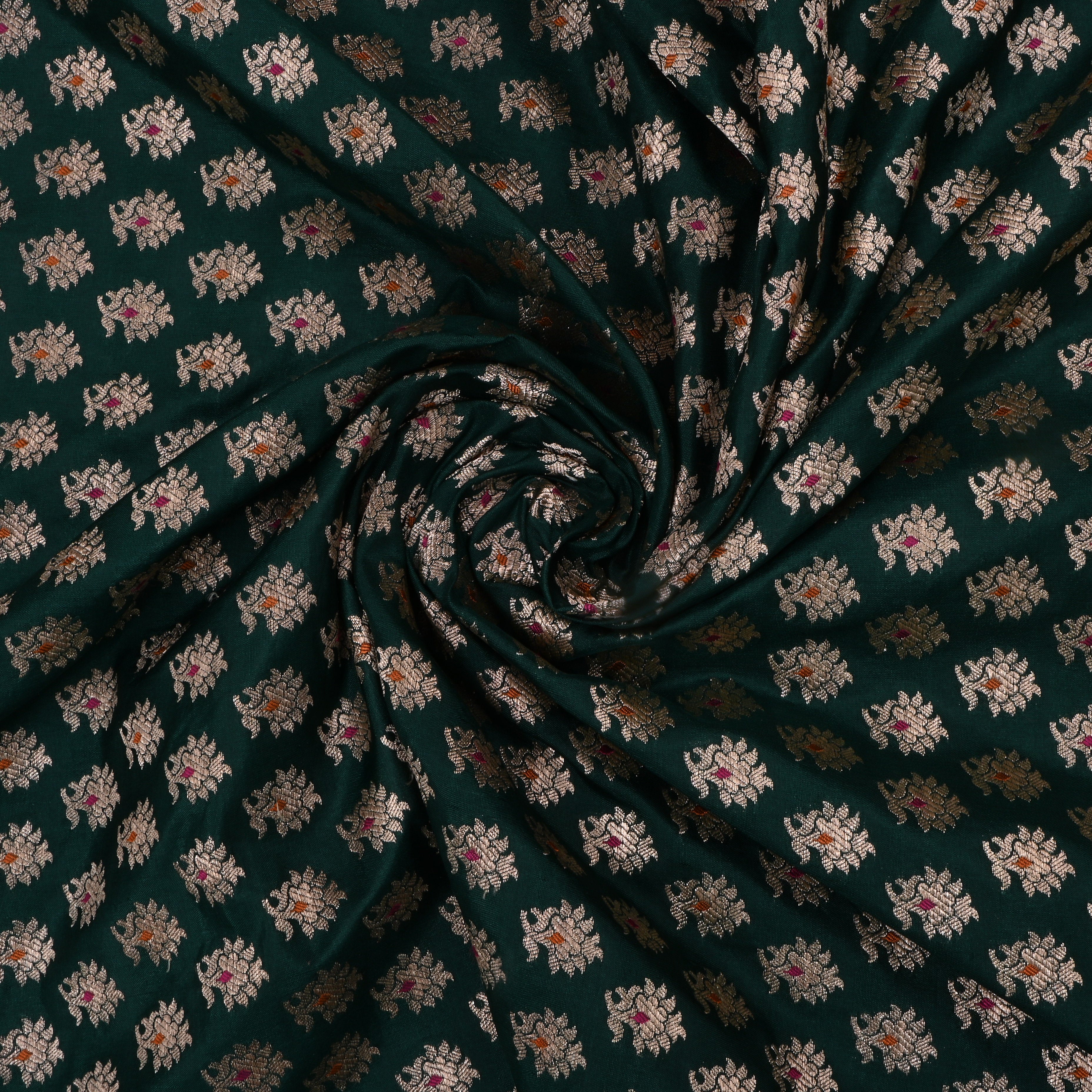 Bottle Green Jamawar Silk Fabric With Meenakari Buttis