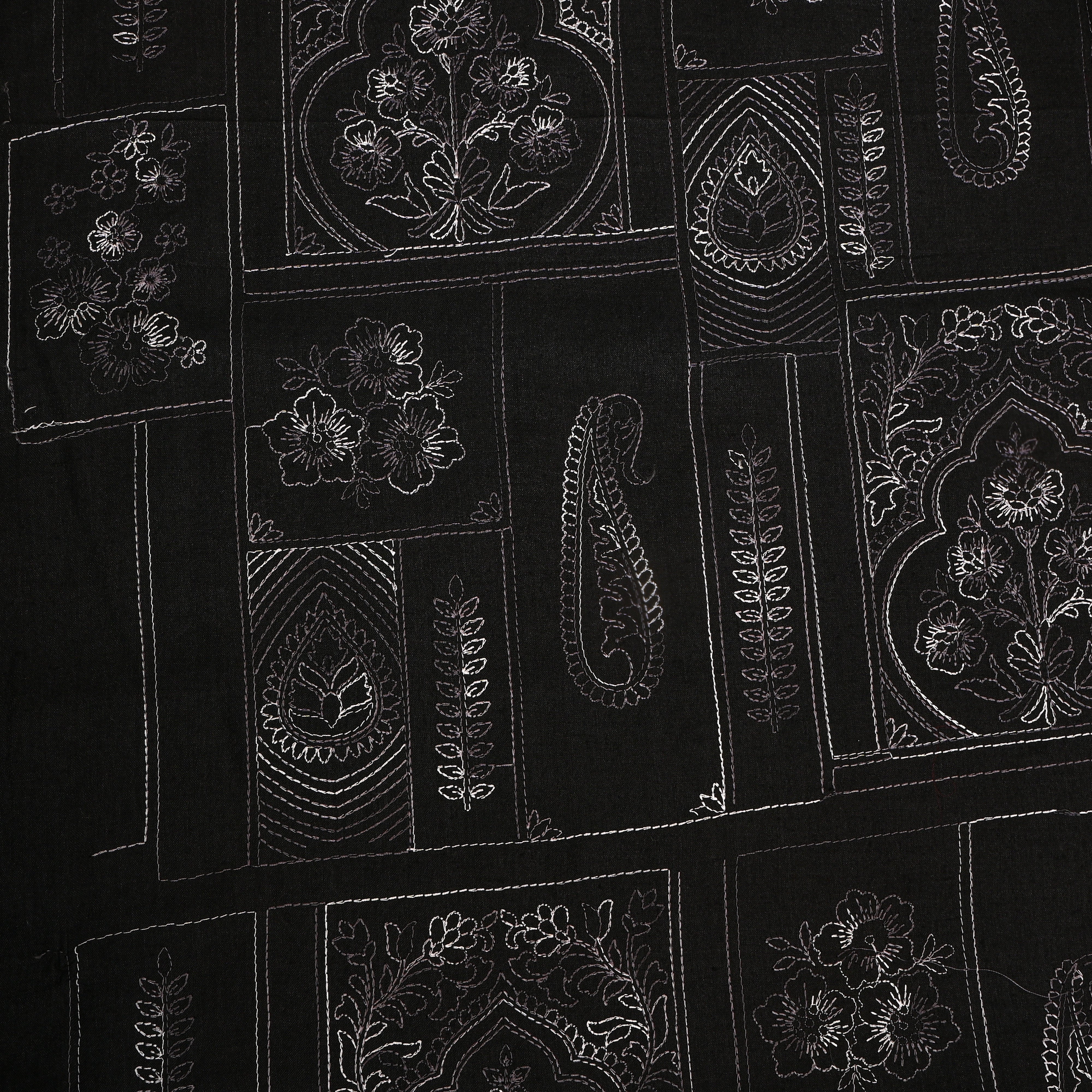 Mindnight Black Geometric Embroidery Munga Tussar Fabric