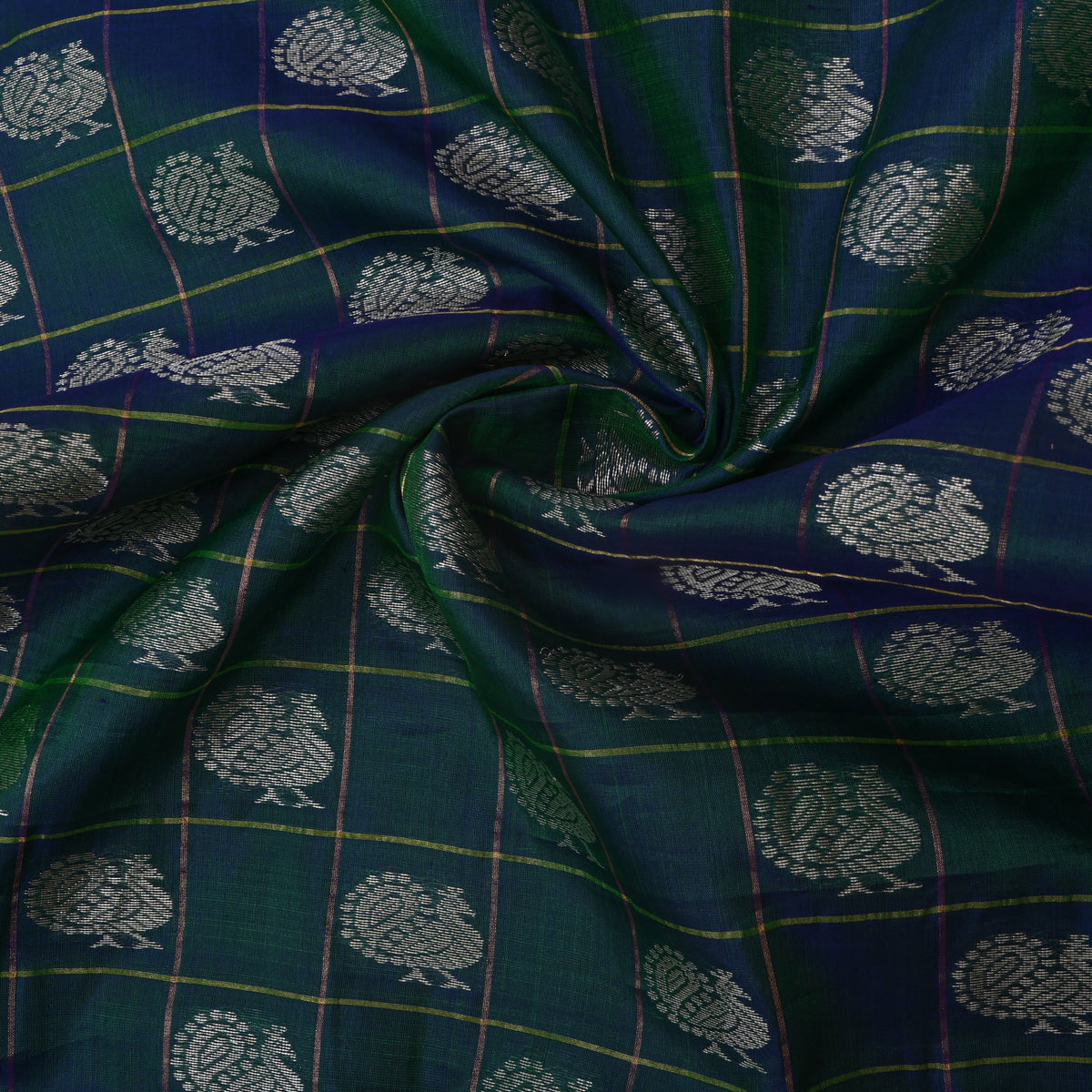 Forest Green Silver Zari Butti Self Weave Banarasi  Silk Fabric