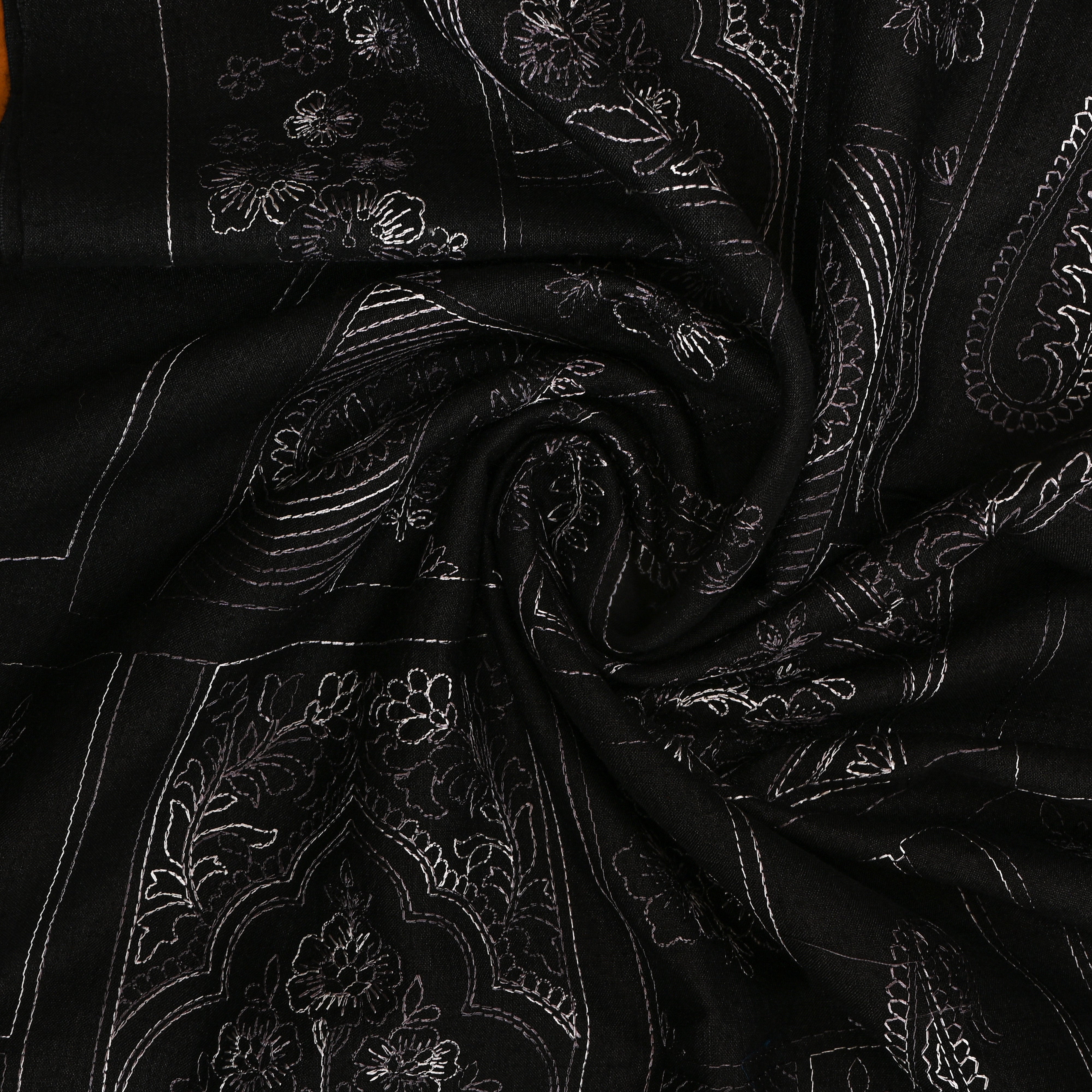 Mindnight Black Geometric Embroidery Munga Tussar Fabric
