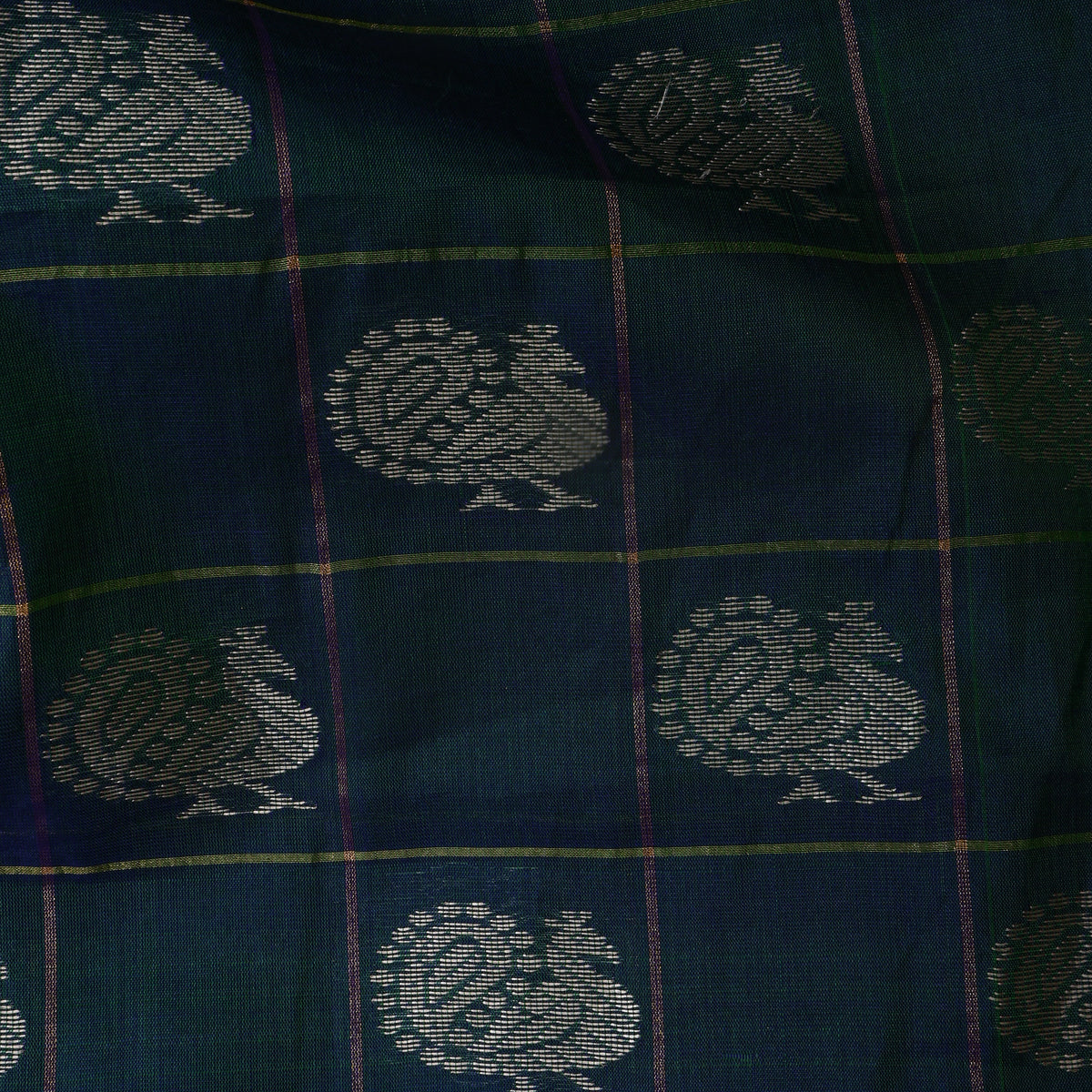 Forest Green Silver Zari Butti Self Weave Banarasi  Silk Fabric
