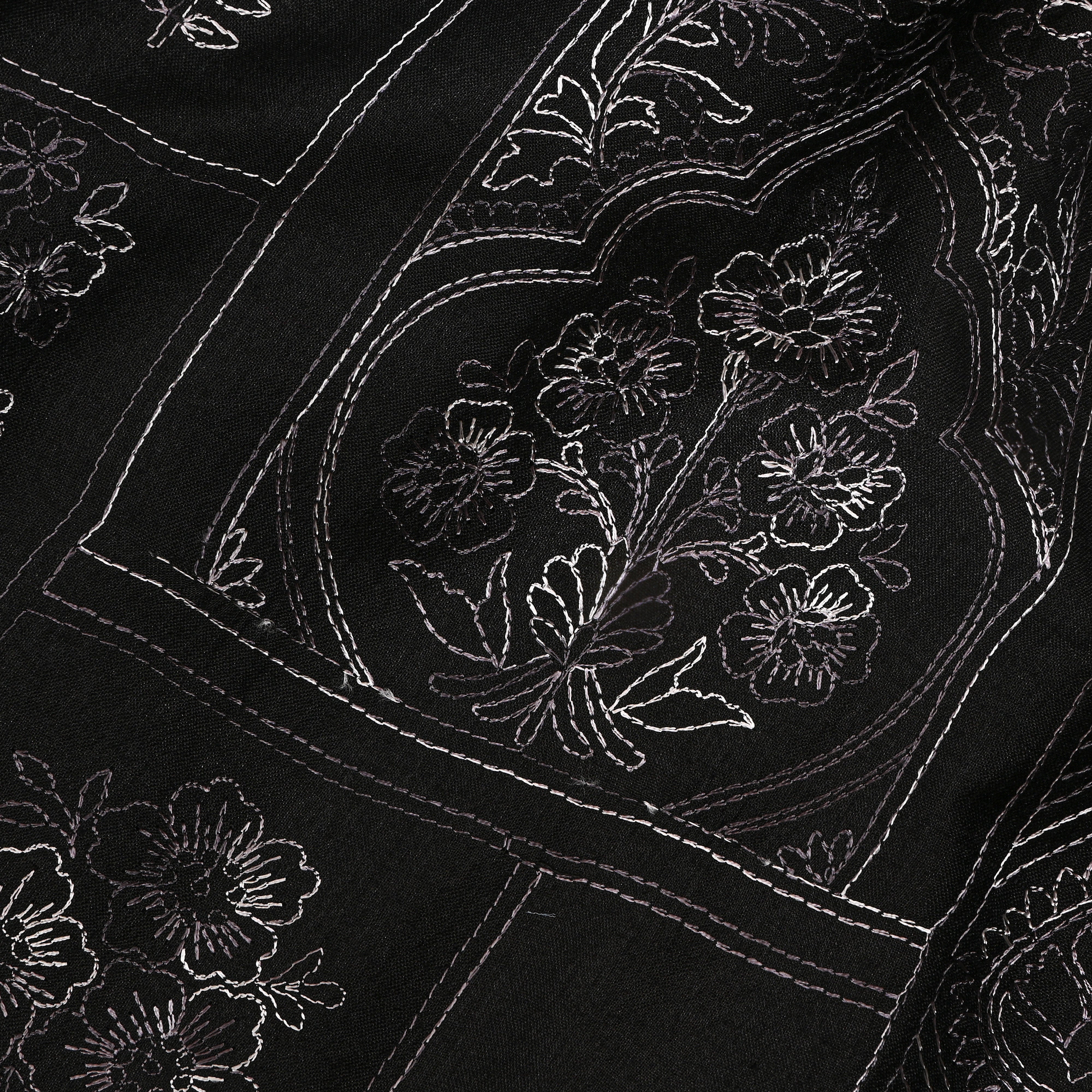 Mindnight Black Geometric Embroidery Munga Tussar Fabric