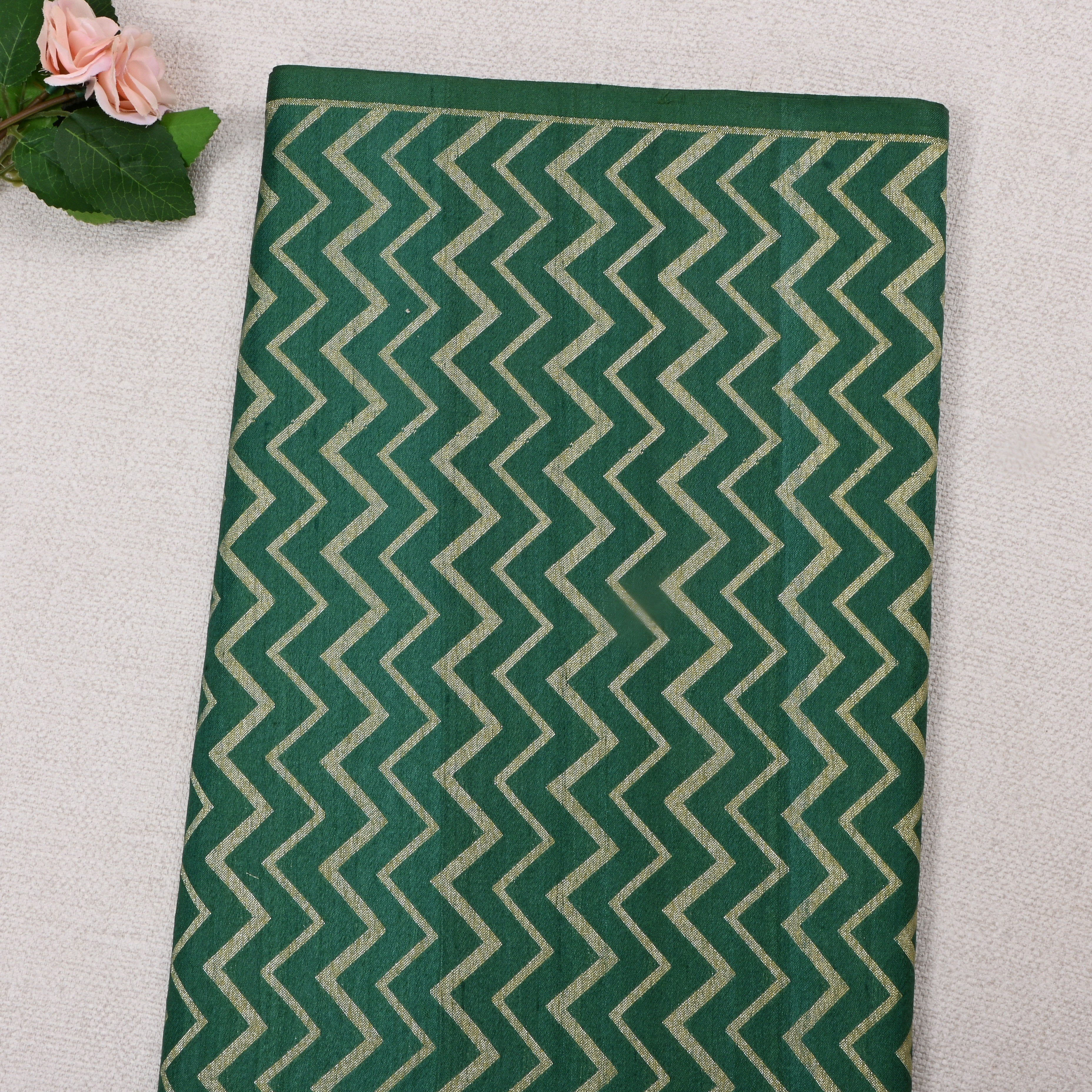 Bottle Green Tussar Fabric With Pattern