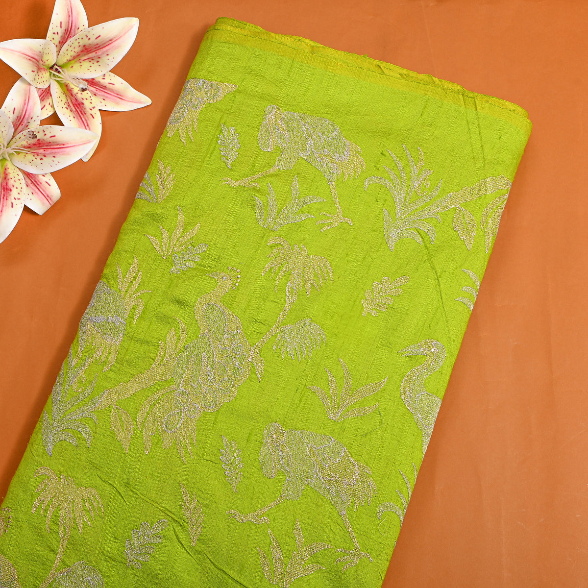 Bright Green Raw Silk With Dual-Tone Bird Motif