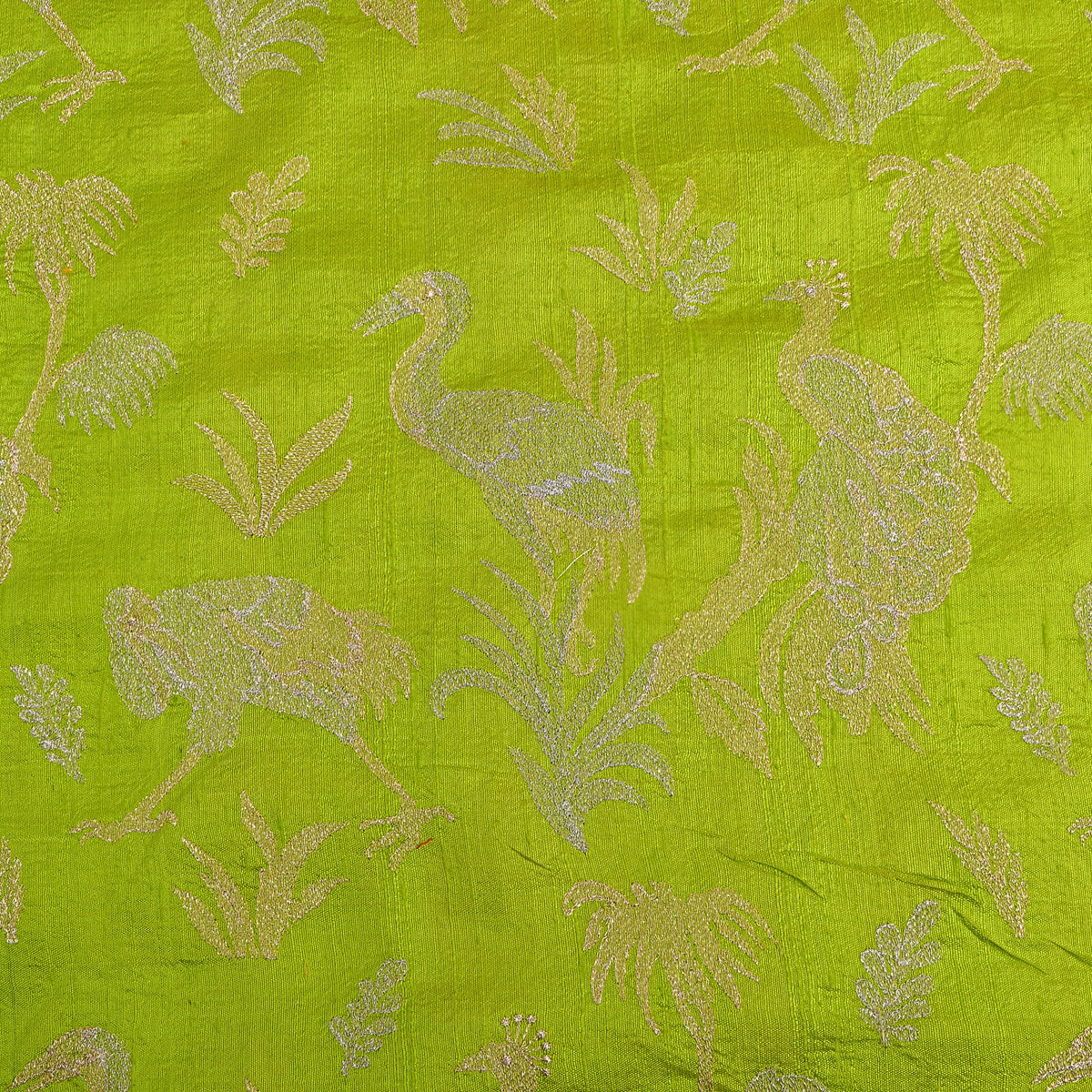 Bright Green Raw Silk With Dual-Tone Bird Motif