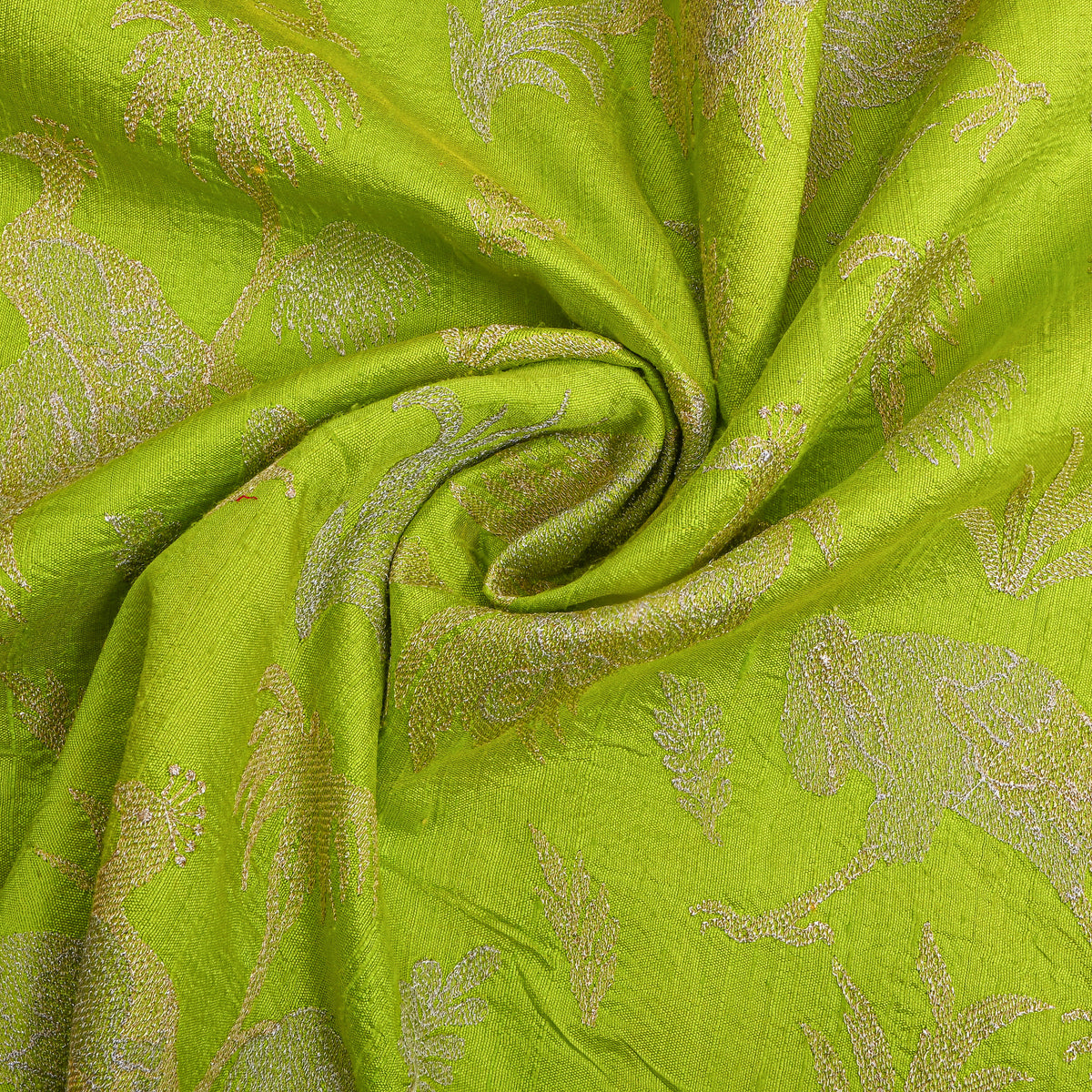 Bright Green Raw Silk With Dual-Tone Bird Motif