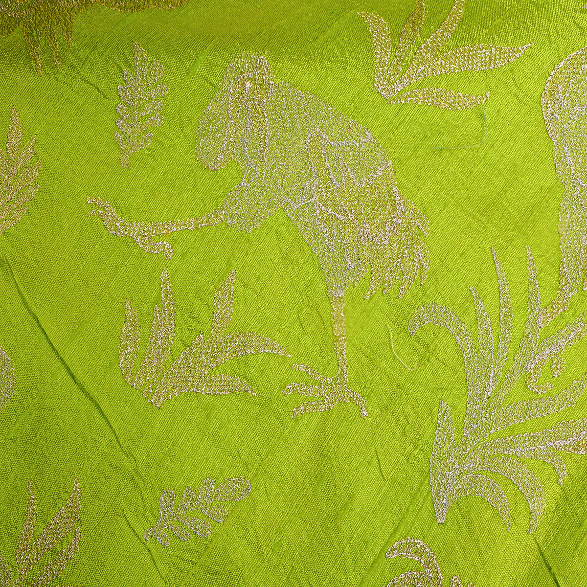 Bright Green Raw Silk With Dual-Tone Bird Motif