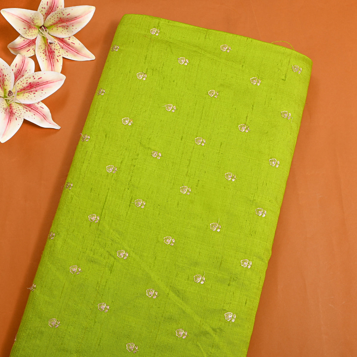 Parrot Green Gold Zari Butti Raw Silk Fabric