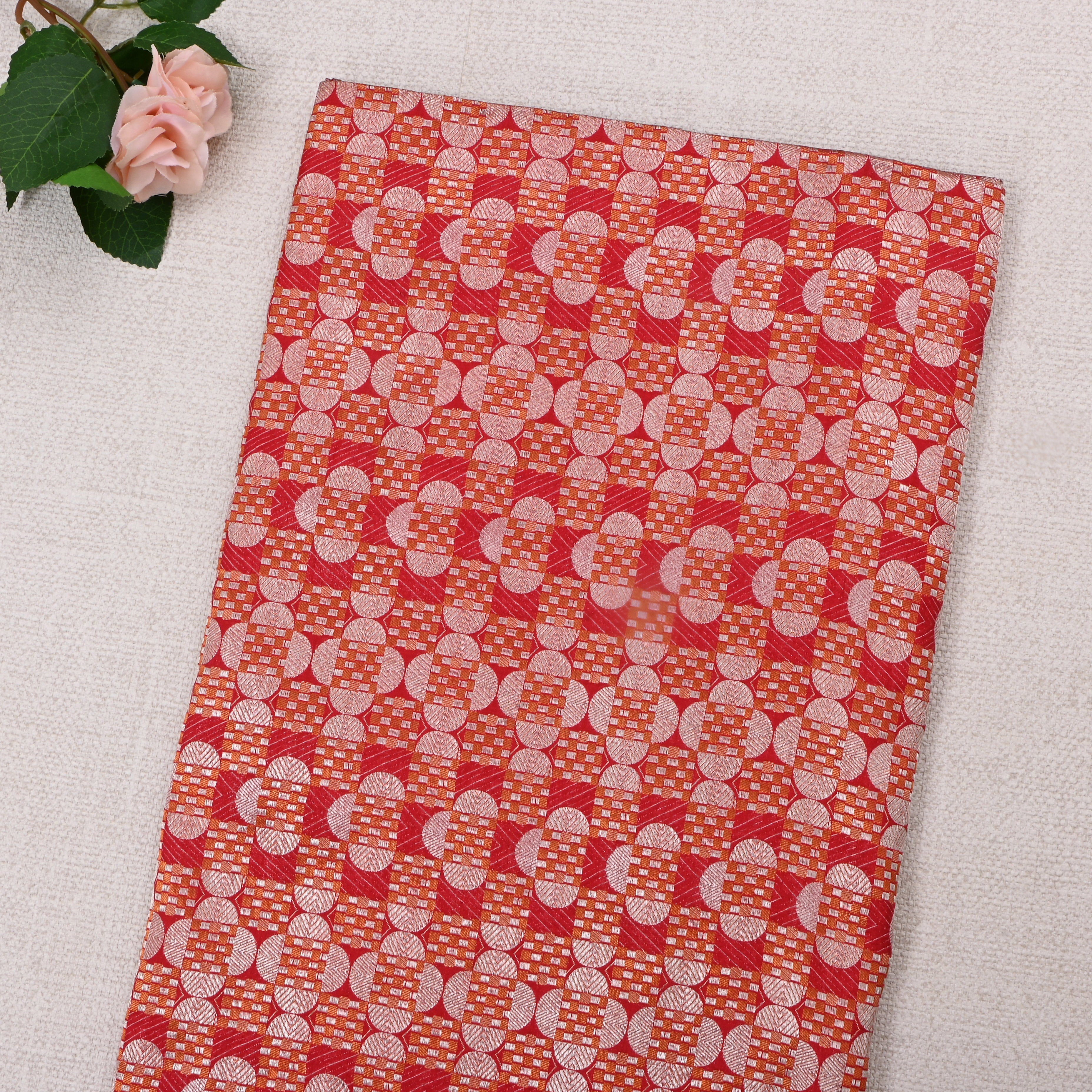 Red Jamawar Silk Fabric With Geometric Patterns