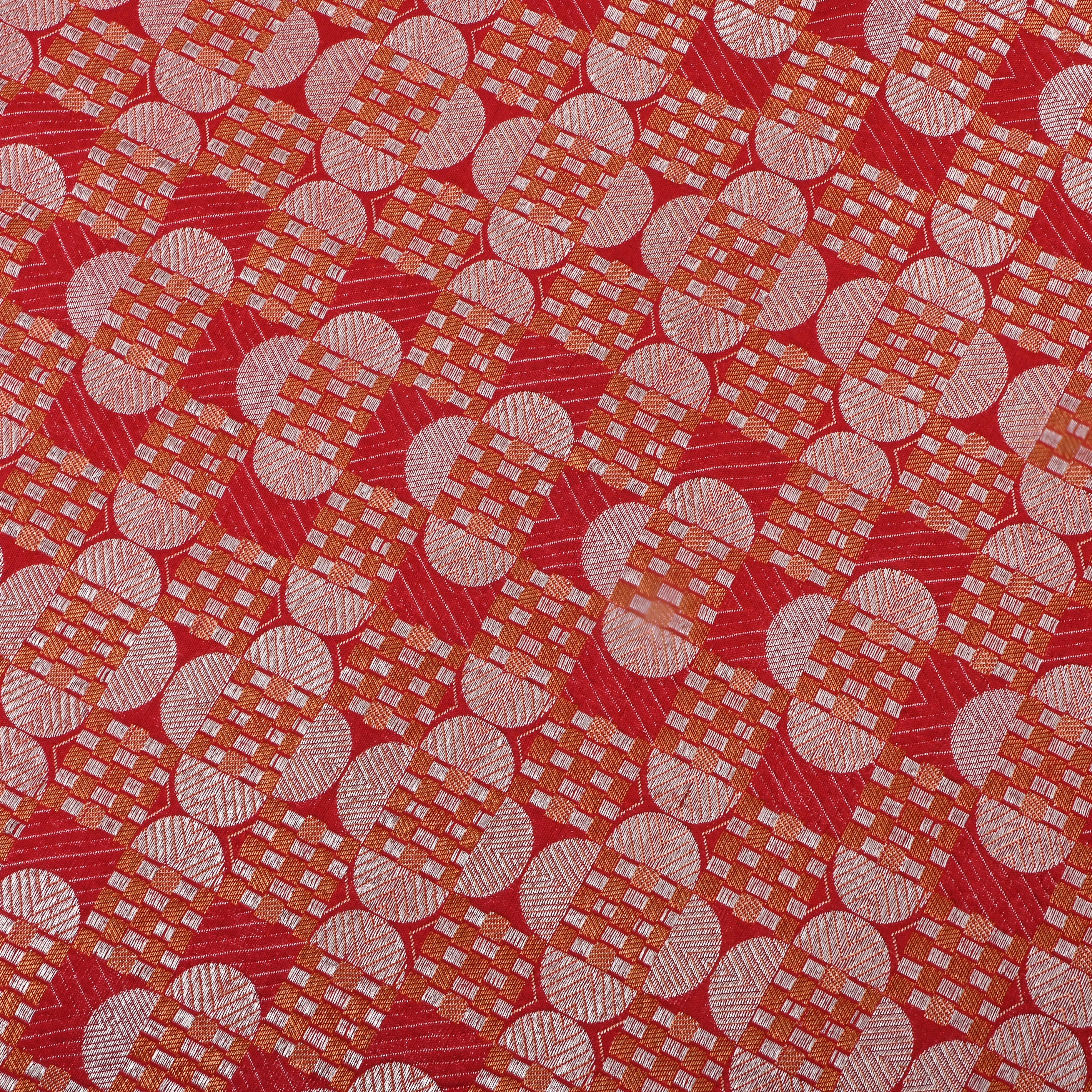 Red Jamawar Silk Fabric With Geometric Patterns