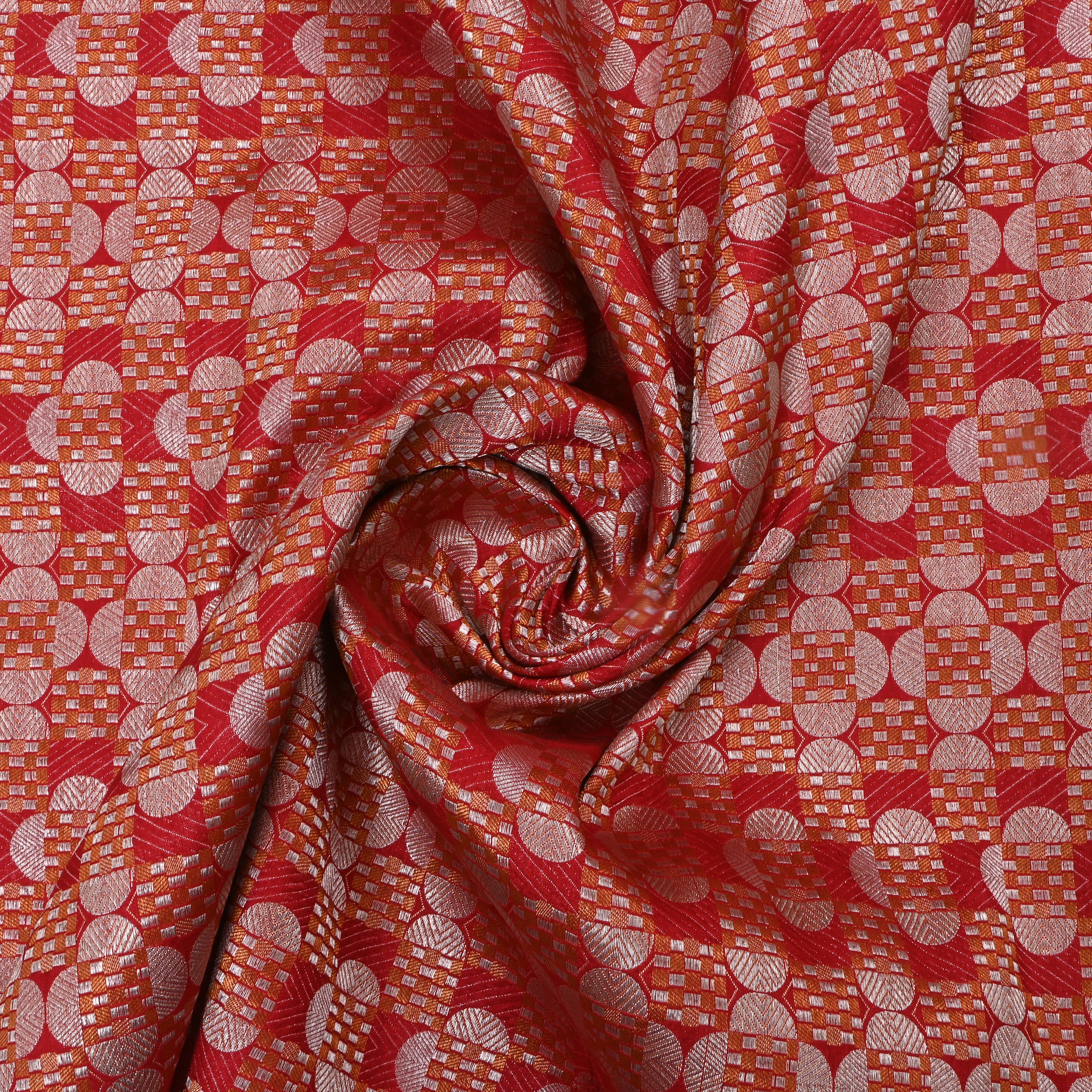 Red Jamawar Silk Fabric With Geometric Patterns