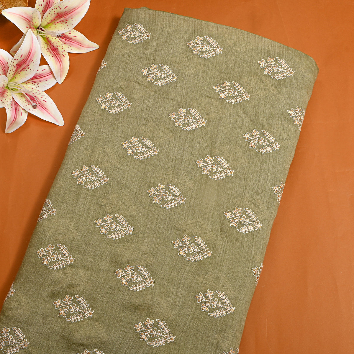Olive Green Zari Floral Embroidery Tussar Silk Fabric