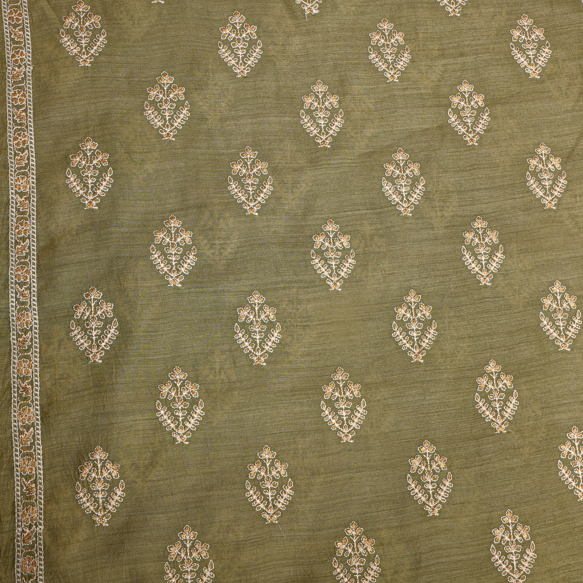 Olive Green Zari Floral Embroidery Tussar Silk Fabric