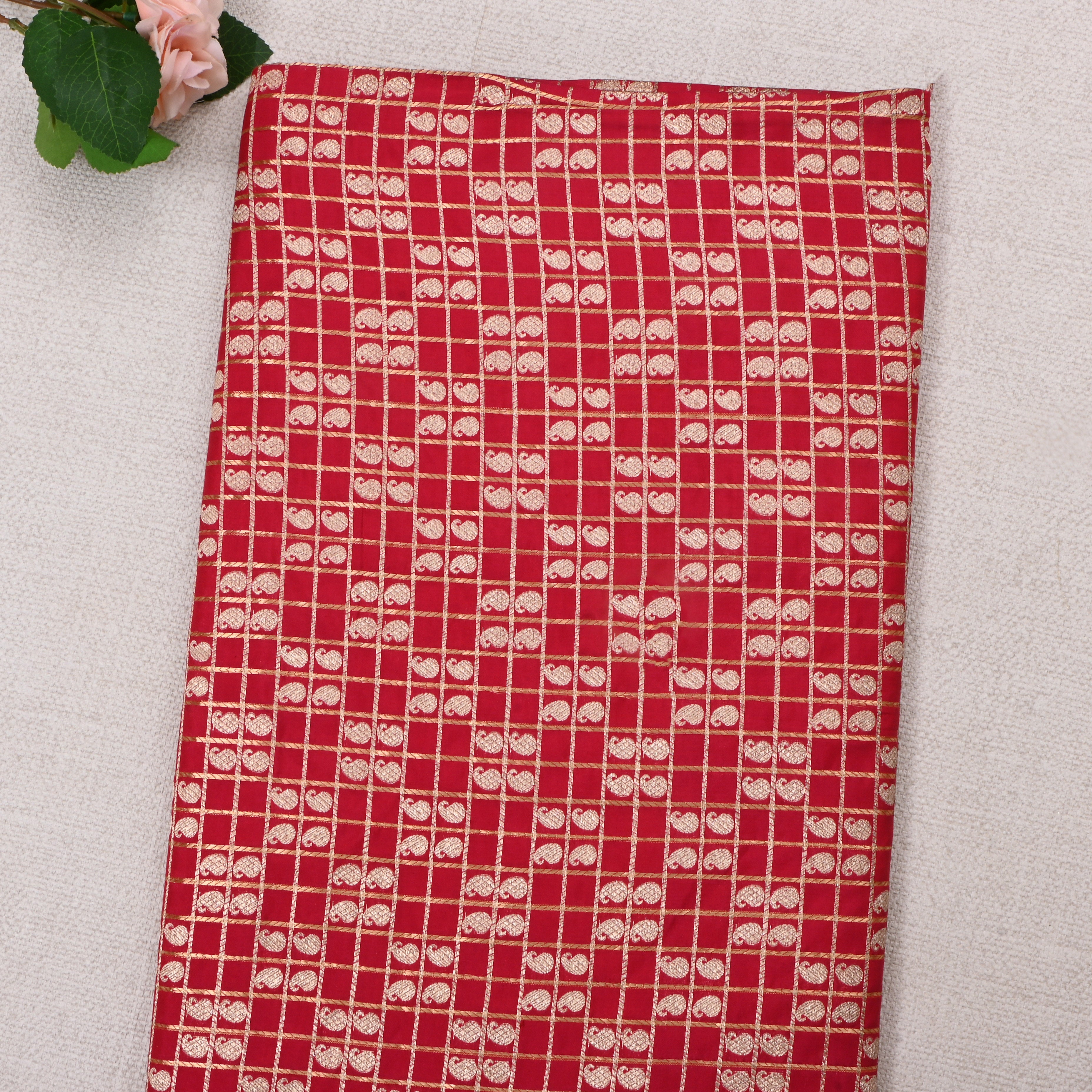 Chilli Red Jamawar Silk Fabric With Checks Pattern