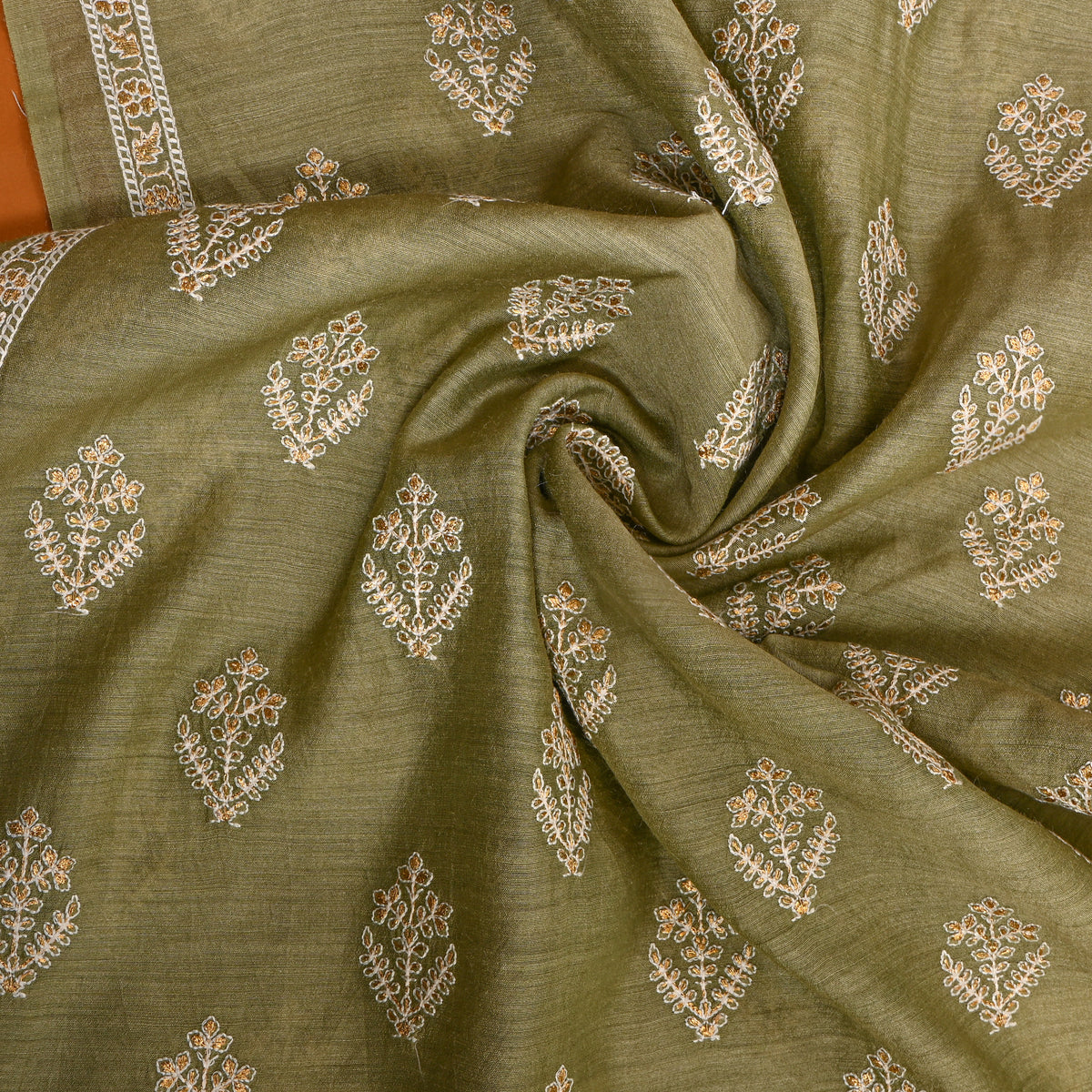Olive Green Zari Floral Embroidery Tussar Silk Fabric
