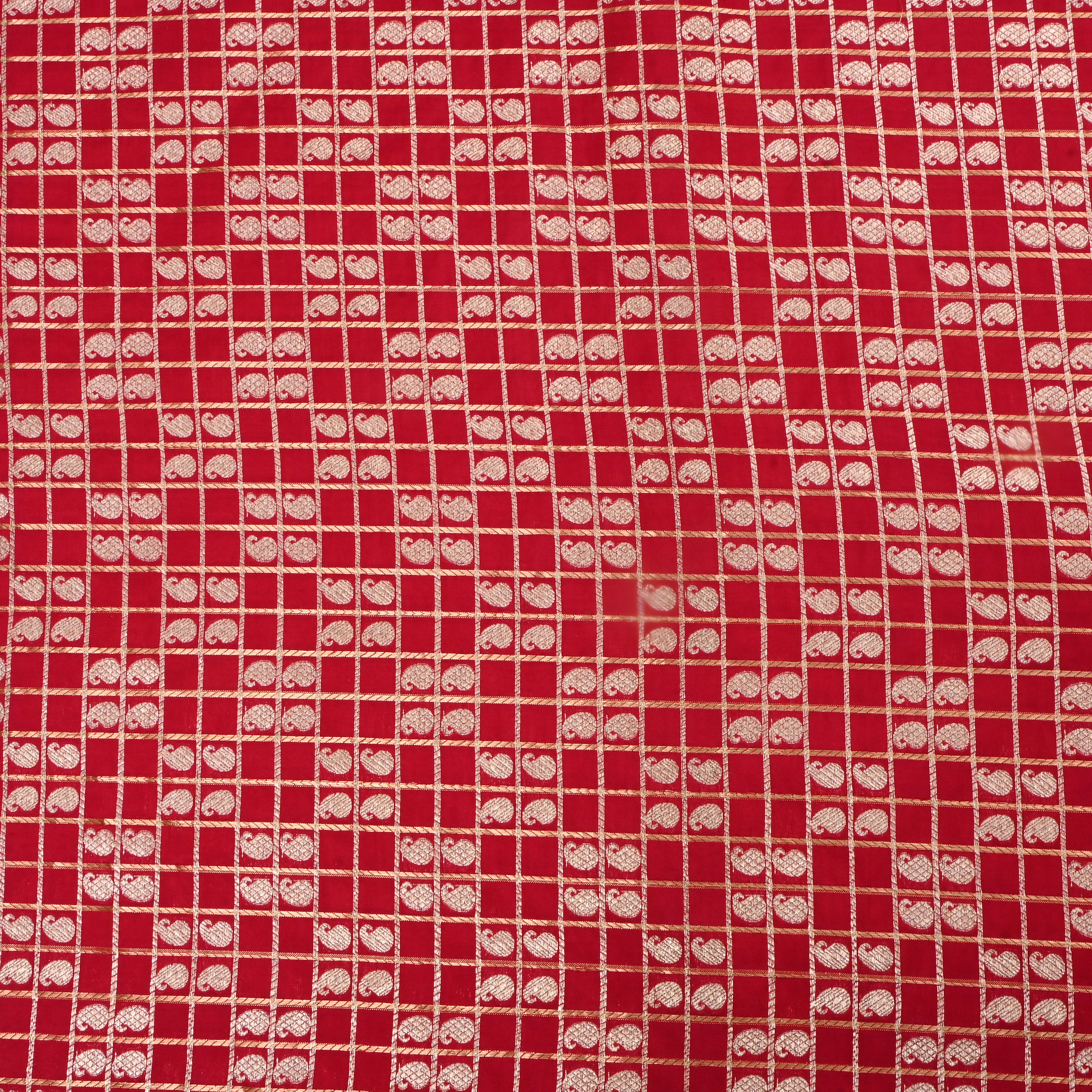 Chilli Red Jamawar Silk Fabric With Checks Pattern