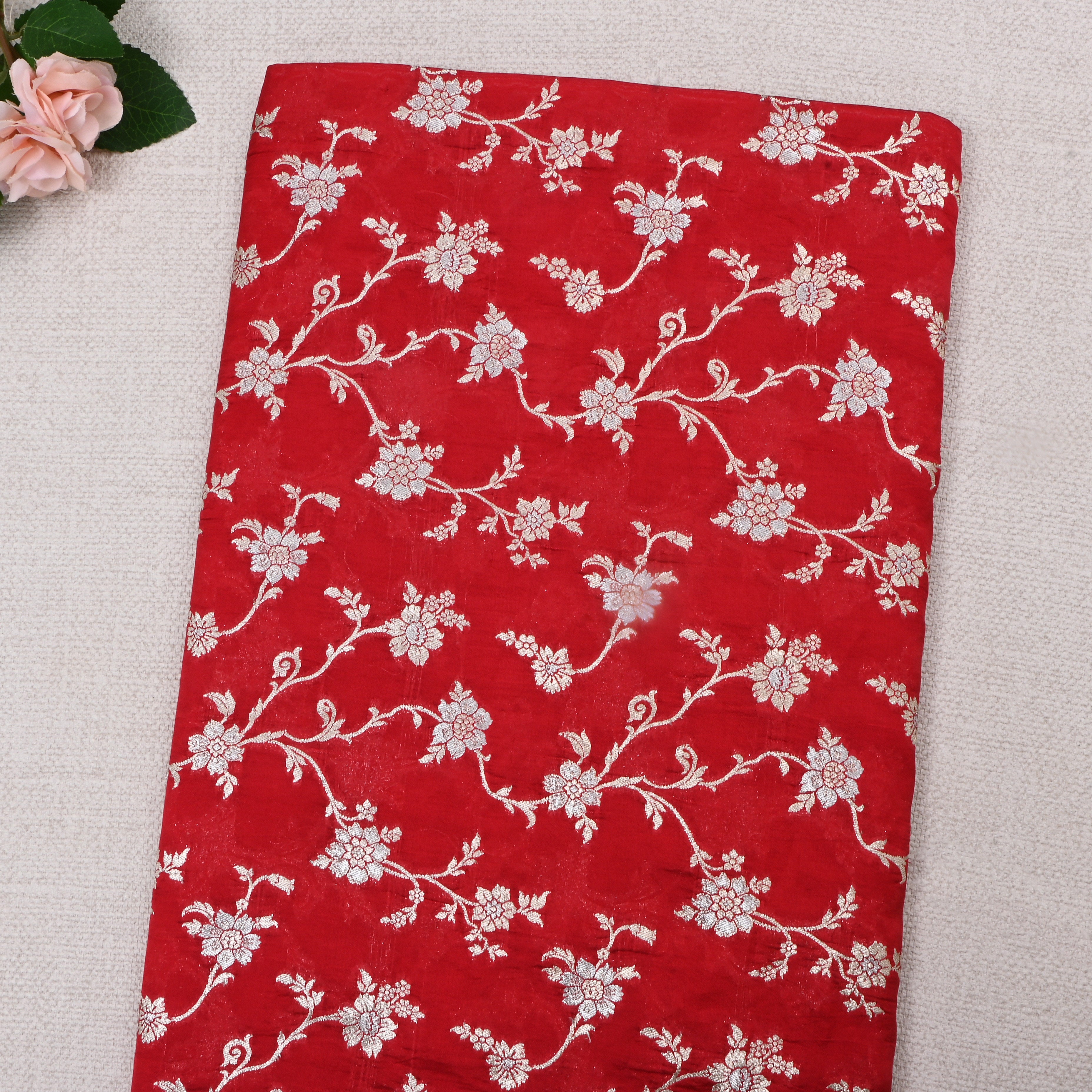 Bright Red Jamawar Silk Fabric With Floral Jaal