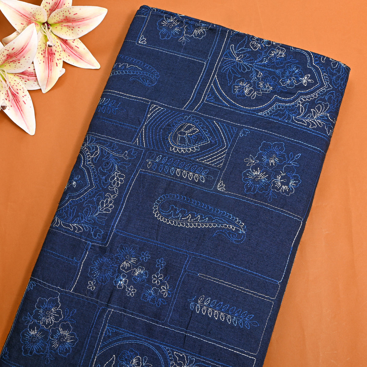 Vintage Blue Geometric Embroidery Munga Tussar Fabric