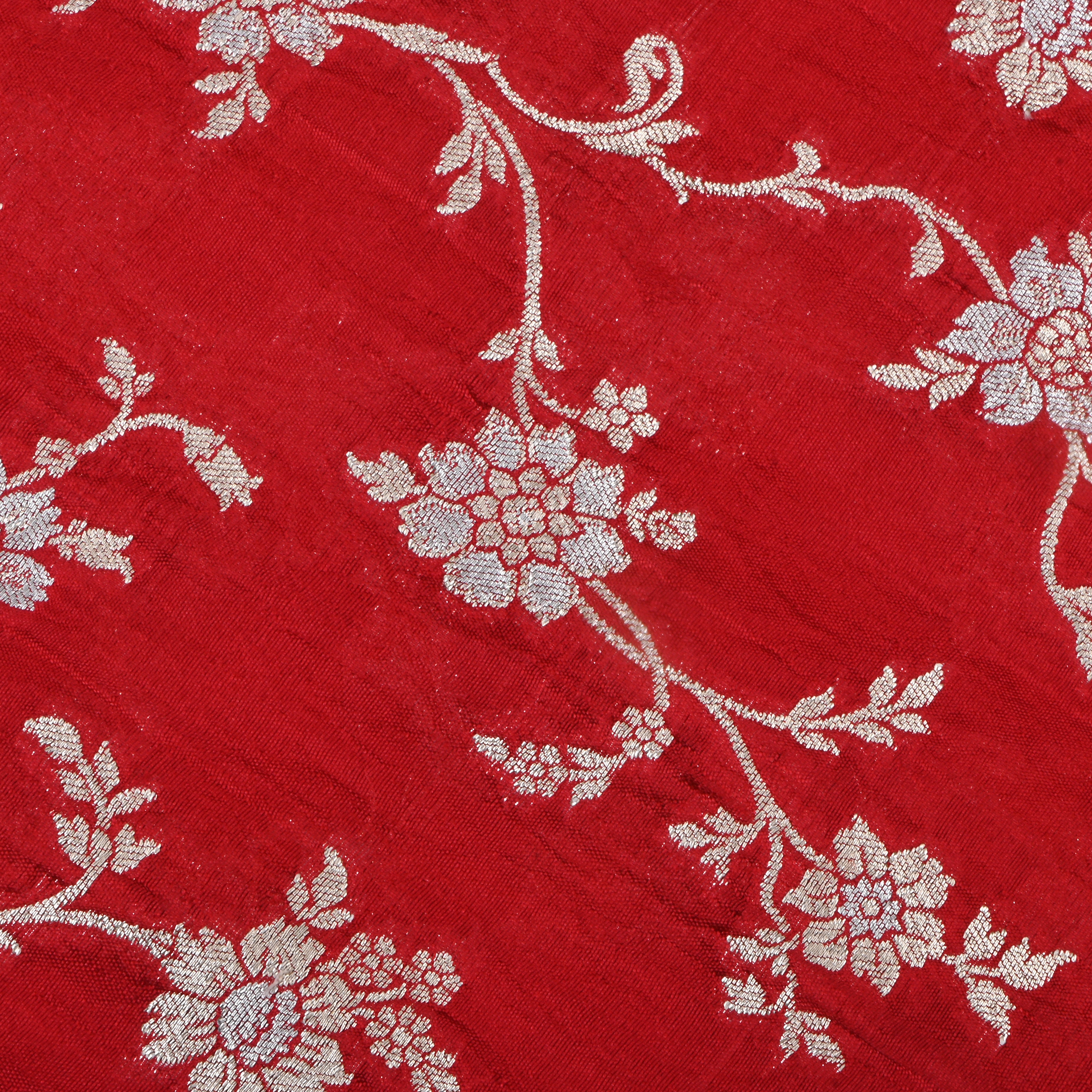 Bright Red Jamawar Silk Fabric With Floral Jaal