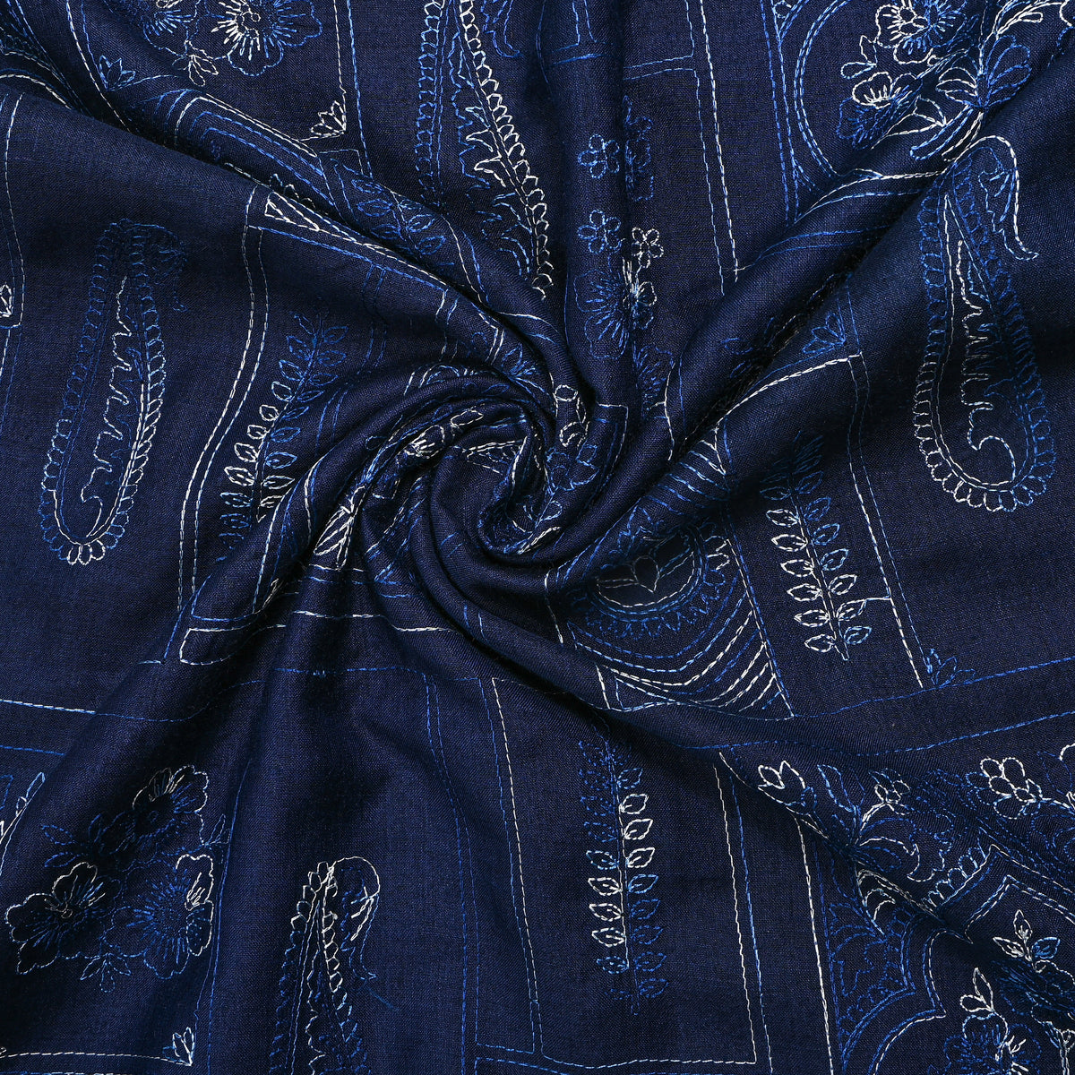 Vintage Blue Geometric Embroidery Munga Tussar Fabric