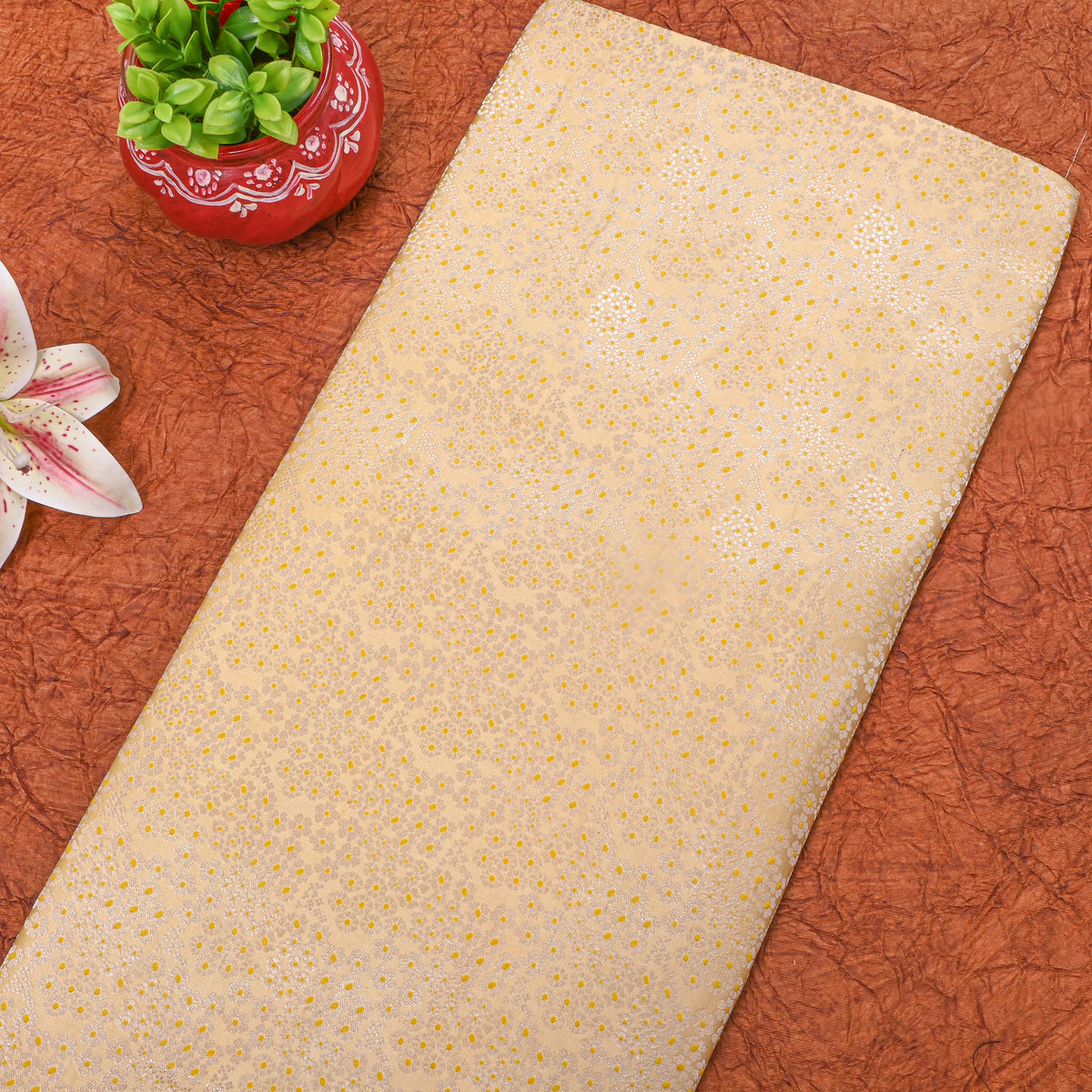 Canary Yellow Silver Zari Floral Weave Jamawar Silk Fabric