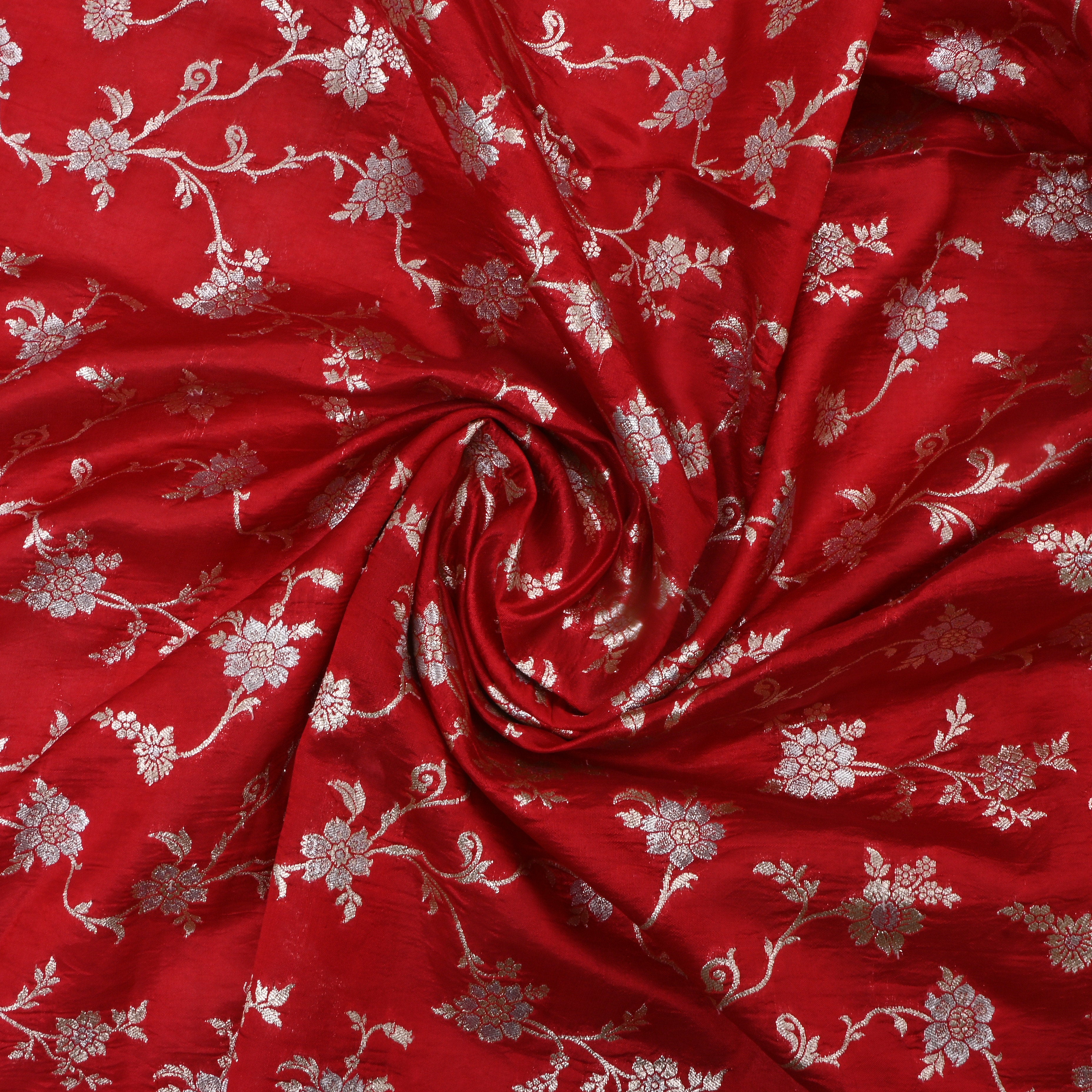 Bright Red Jamawar Silk Fabric With Floral Jaal