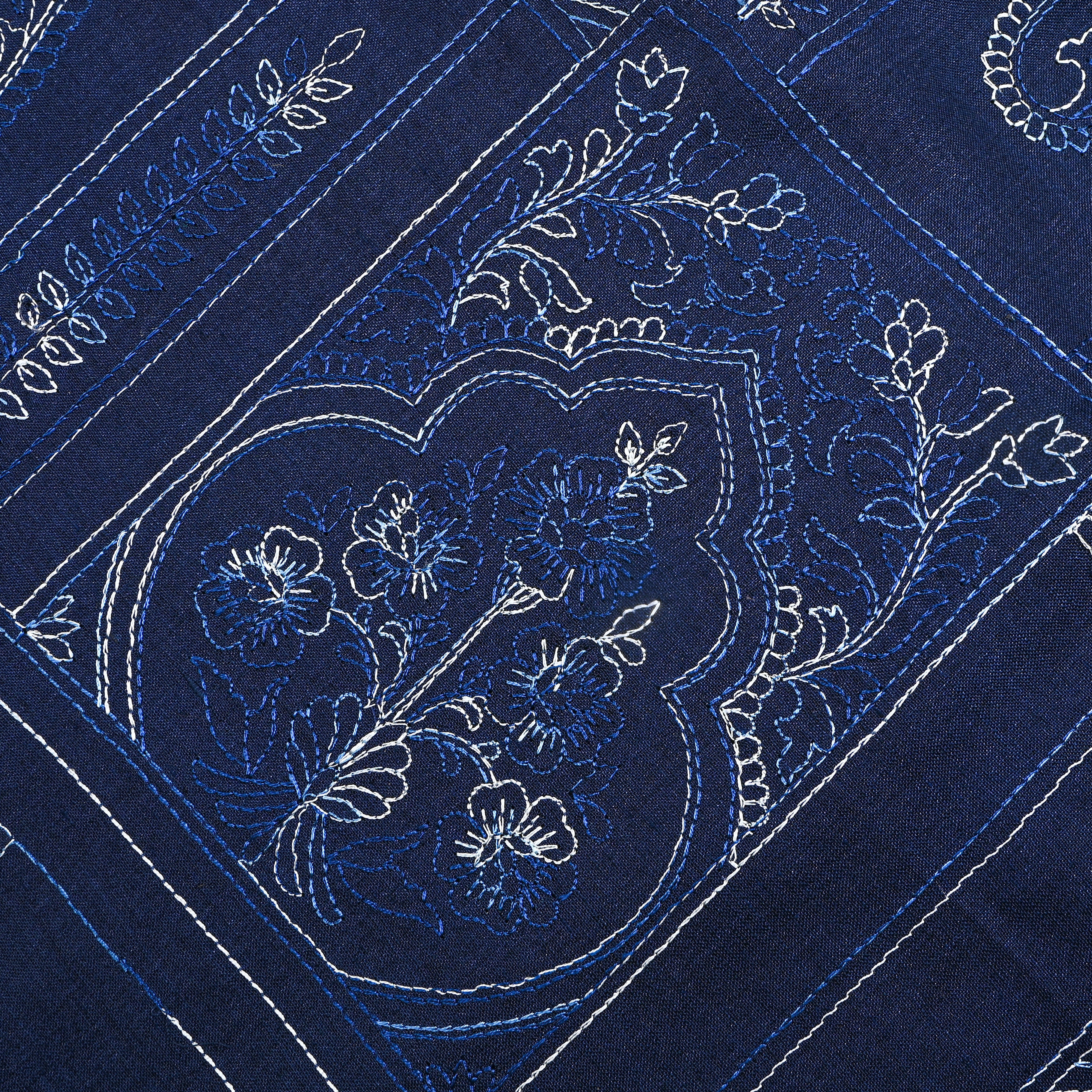 Vintage Blue Geometric Embroidery Munga Tussar Fabric