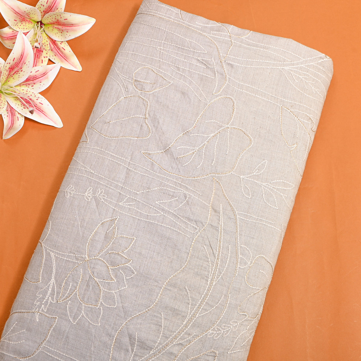 Gray Gold Floral Thread Work Munga Tussar Fabric