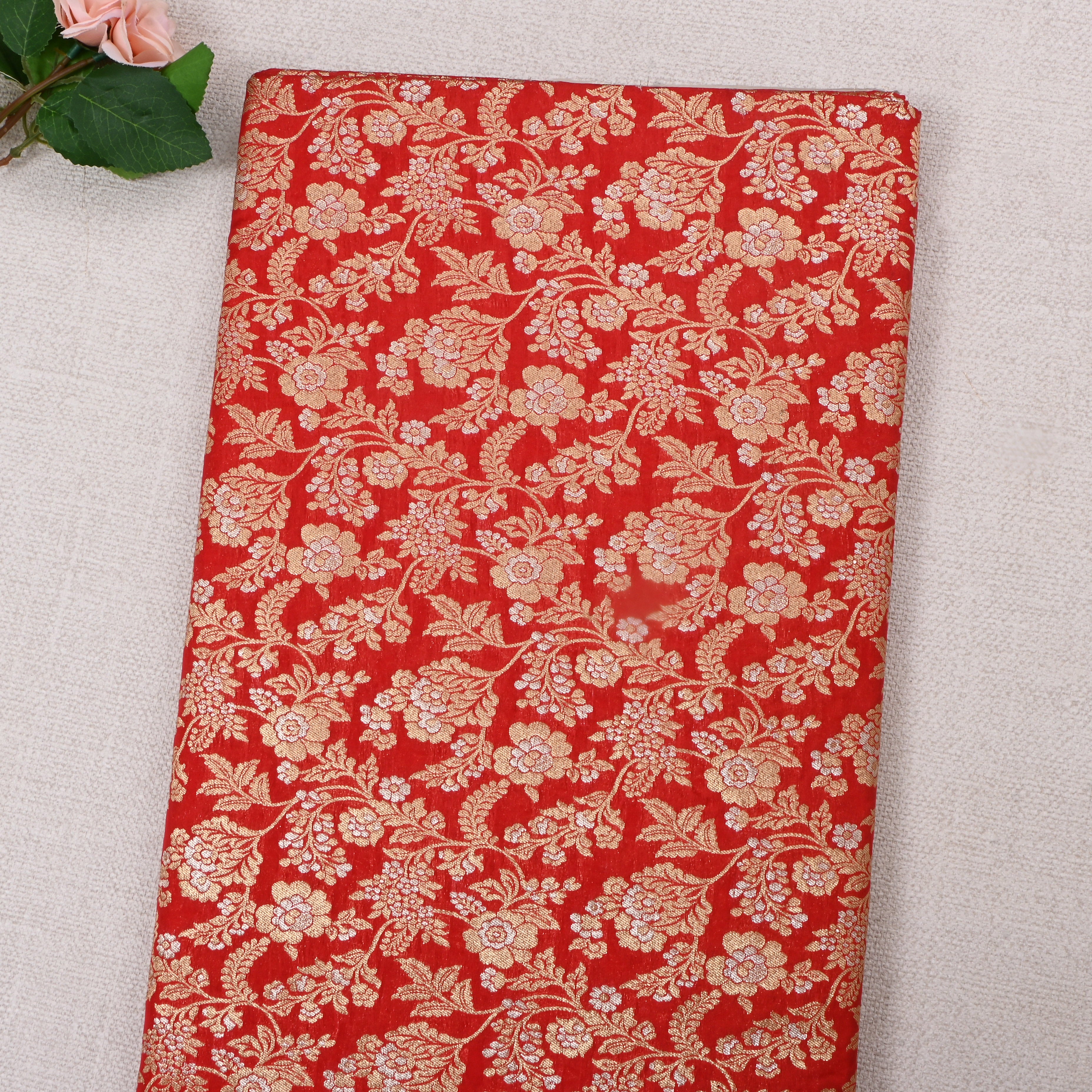 Bright Red Jamawar Silk Fabric With Floral Jaal