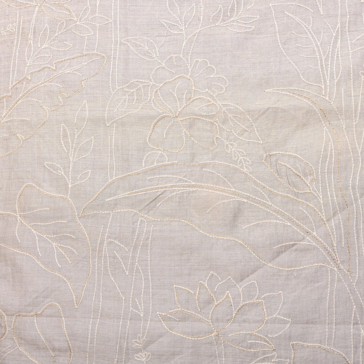 Gray Gold Floral Thread Work Munga Tussar Fabric