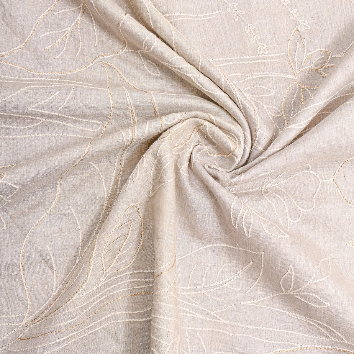 Gray Gold Floral Thread Work Munga Tussar Fabric