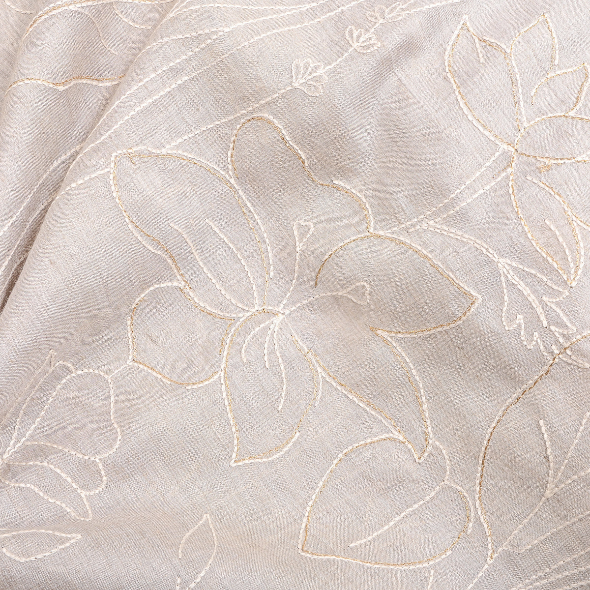 Gray Gold Floral Thread Work Munga Tussar Fabric