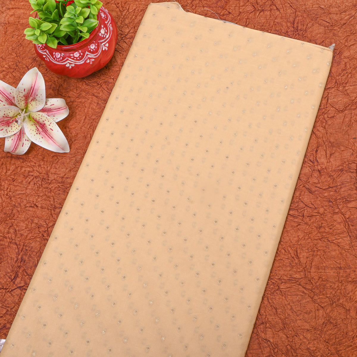 Beige Gold Zari Butti Jamawar Silk Fabric