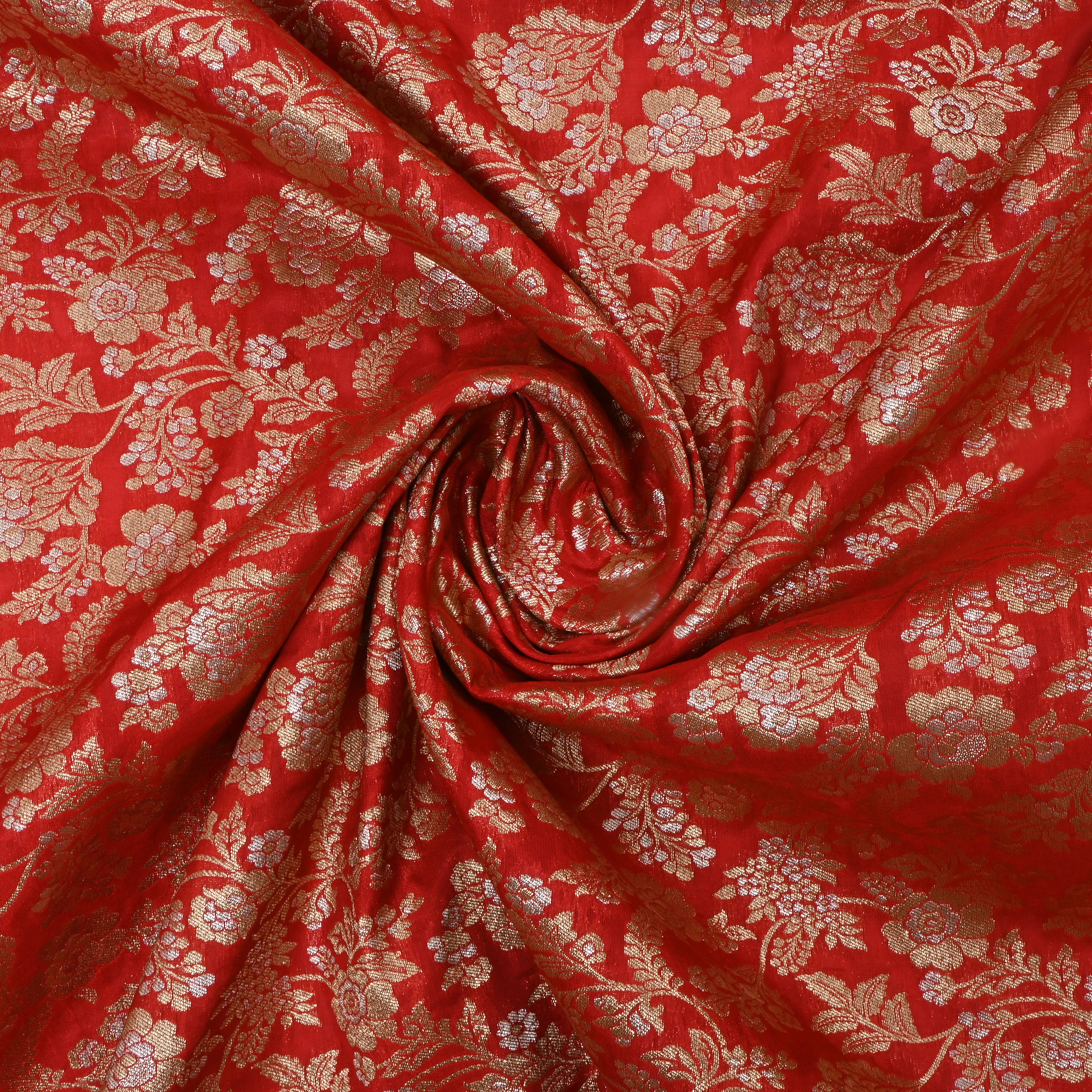 Bright Red Jamawar Silk Fabric With Floral Jaal