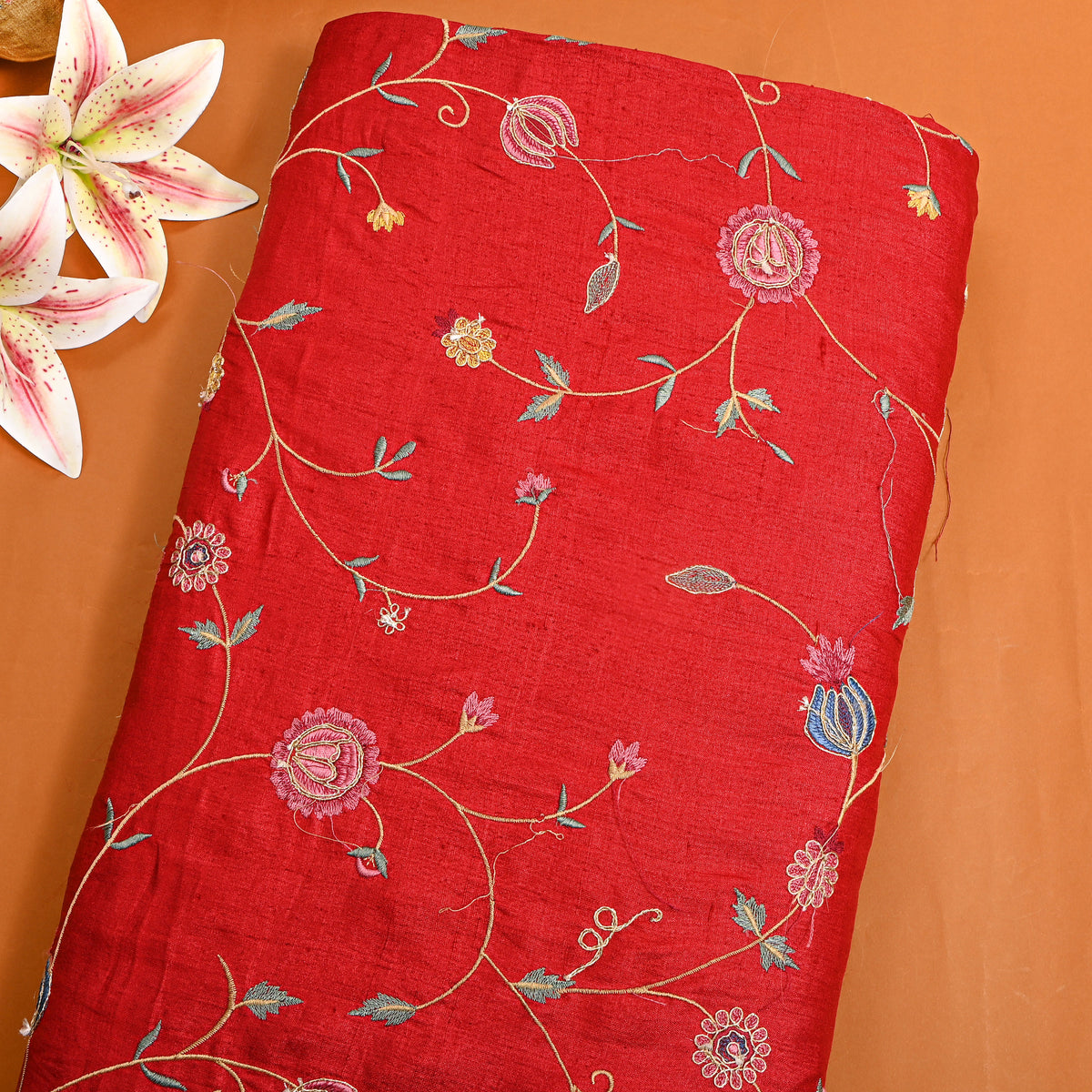 Red Floral Jaal Thread Work Tussar Fabric