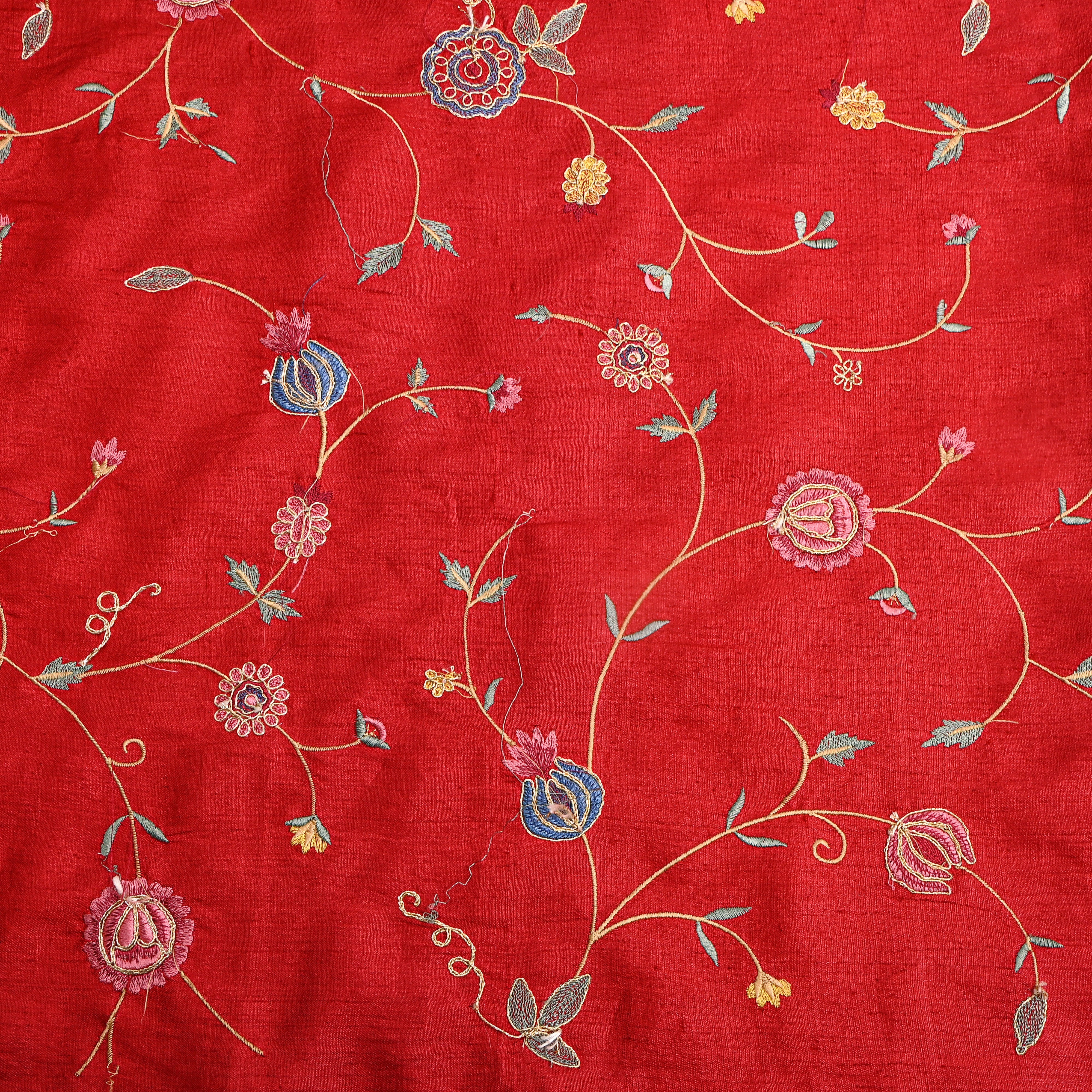 Red Floral Jaal Thread Work Tussar Fabric