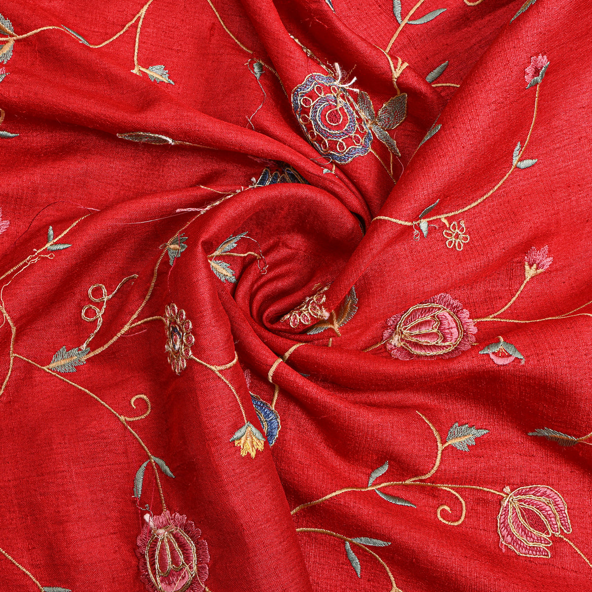 Red Floral Jaal Thread Work Tussar Fabric