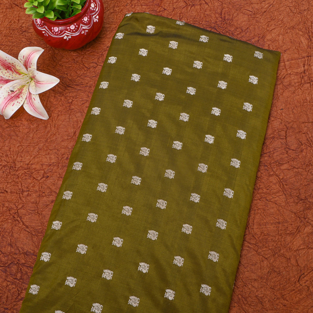 Green Silver Zari Butti Banarasi Silk Fabric