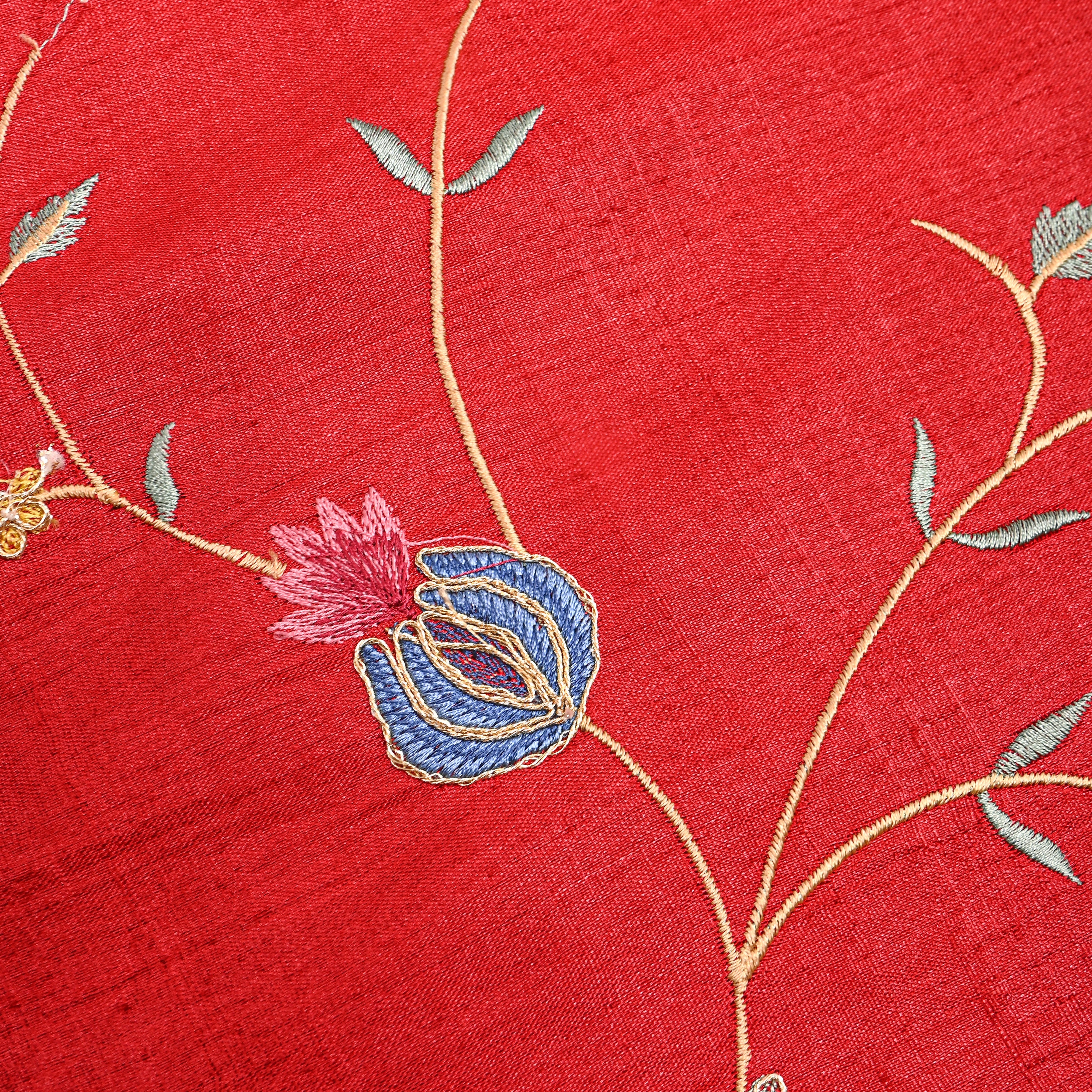 Red Floral Jaal Thread Work Tussar Fabric