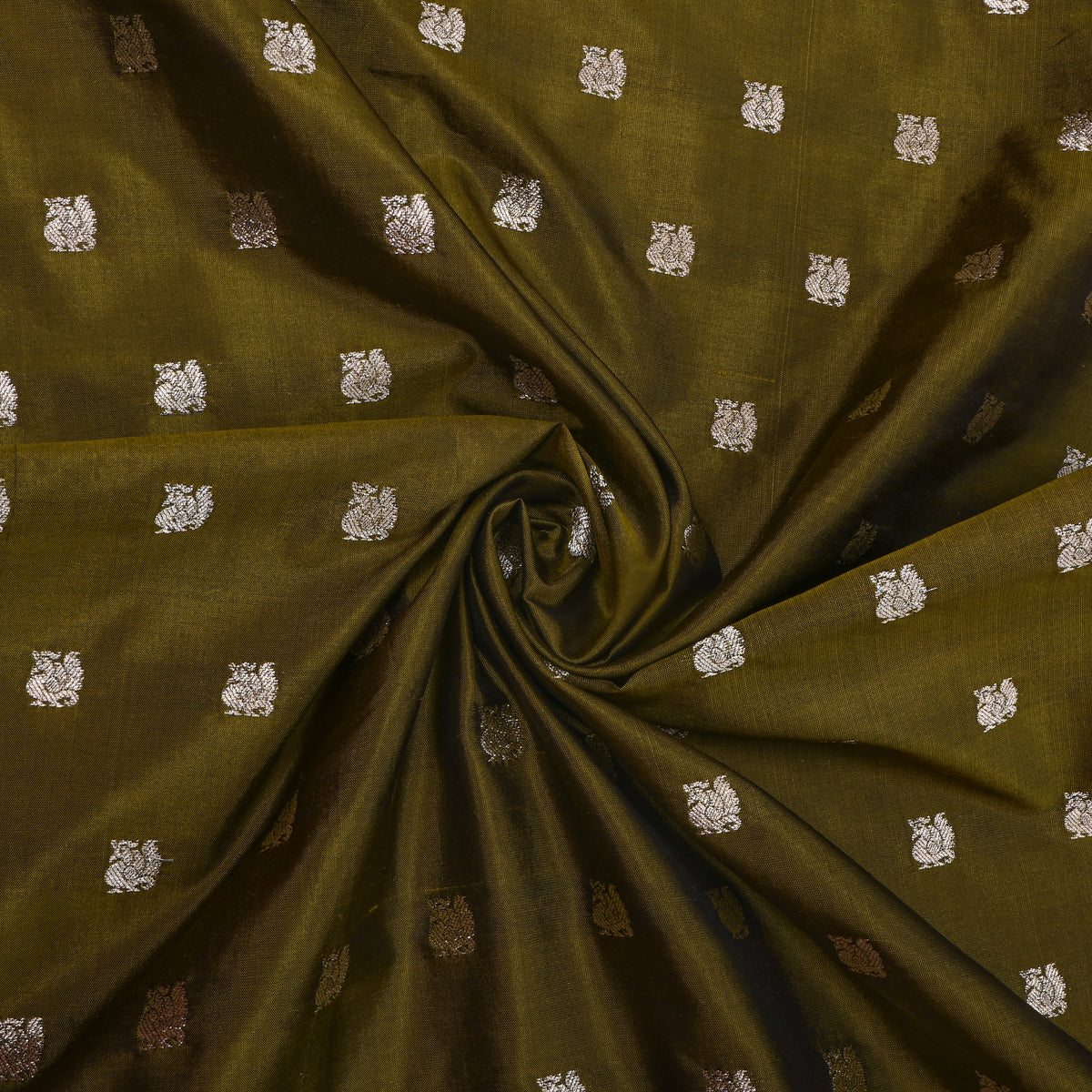 Green Silver Zari Butti Banarasi Silk Fabric