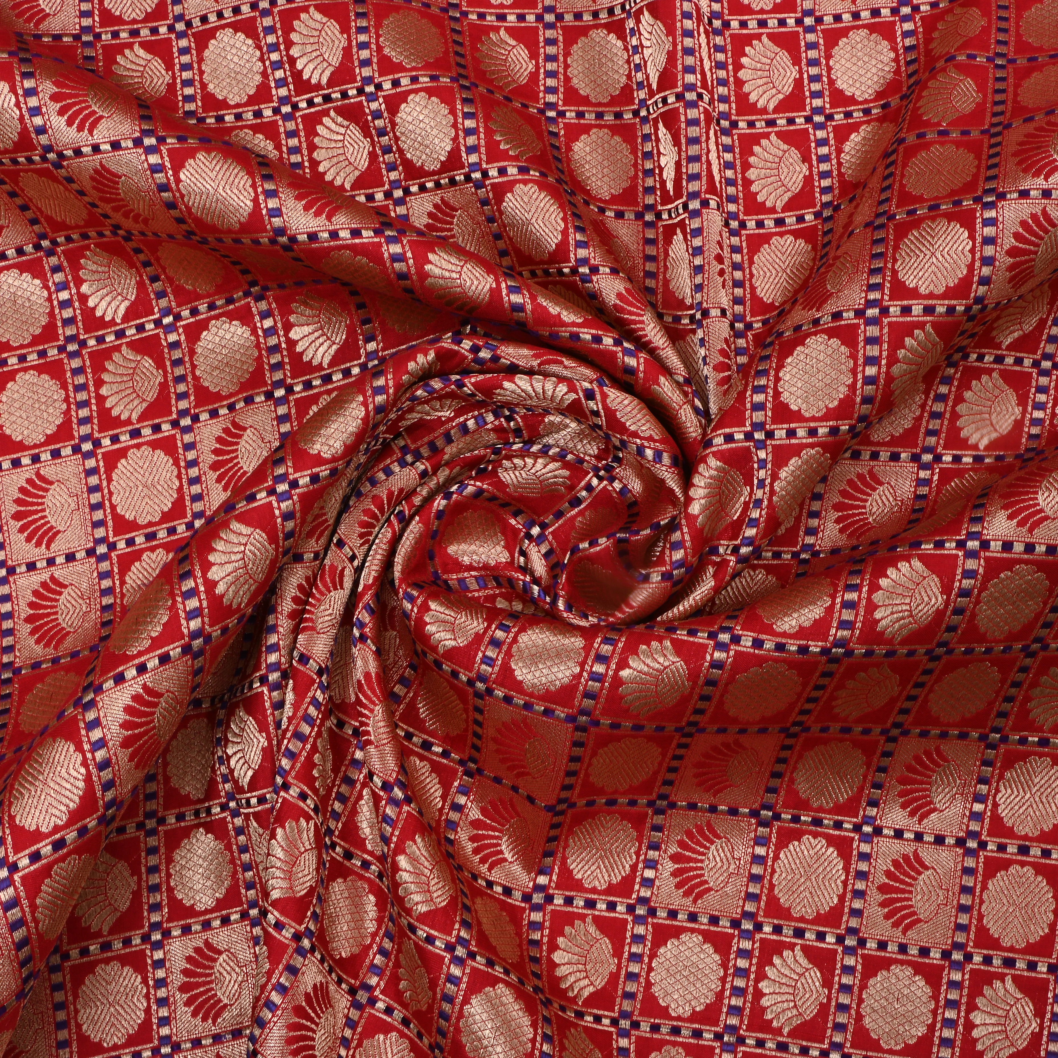 Red Jamawar Silk Fabric With Checks Pattern