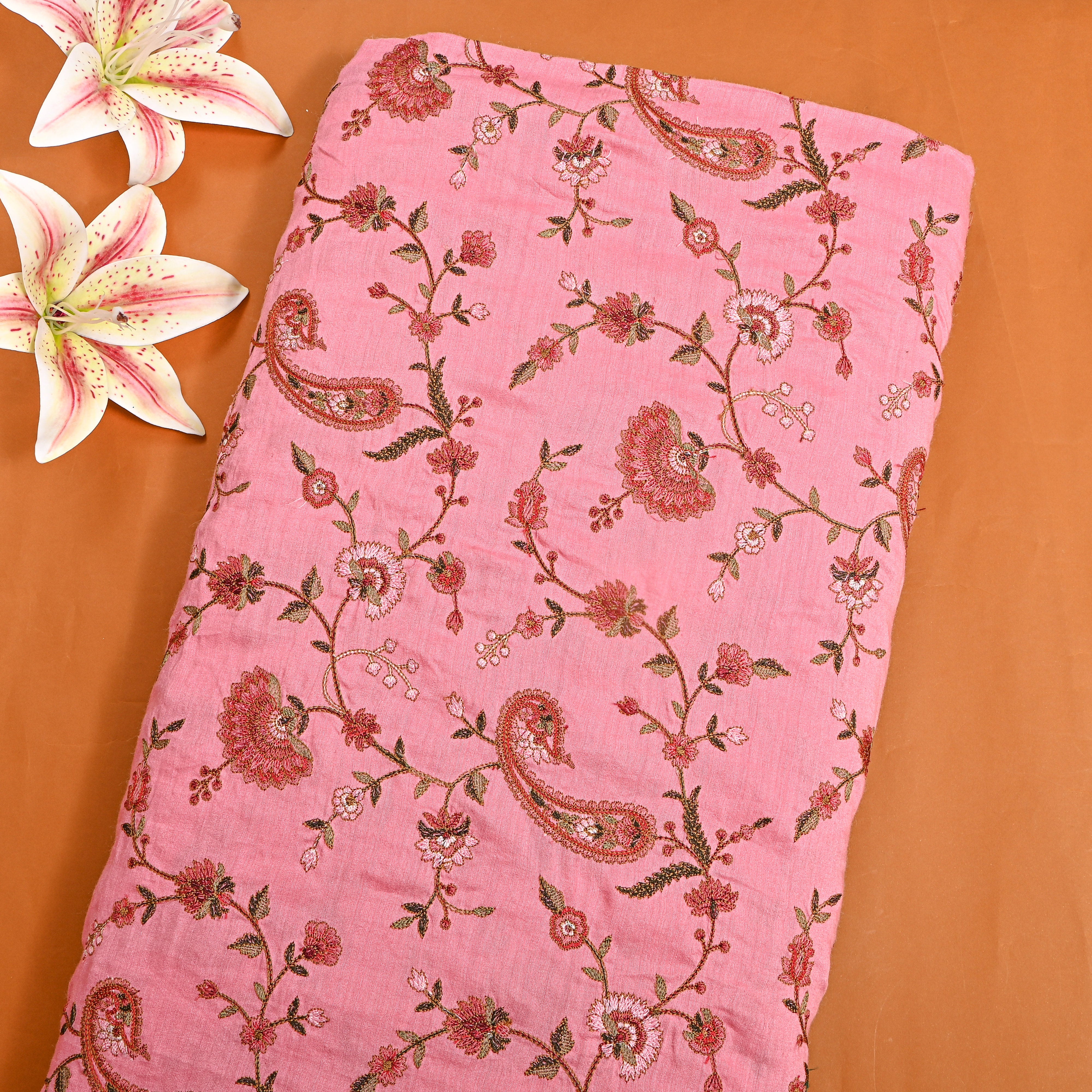 Dark Blush Pink Embroidery Tussar Silk Fabric