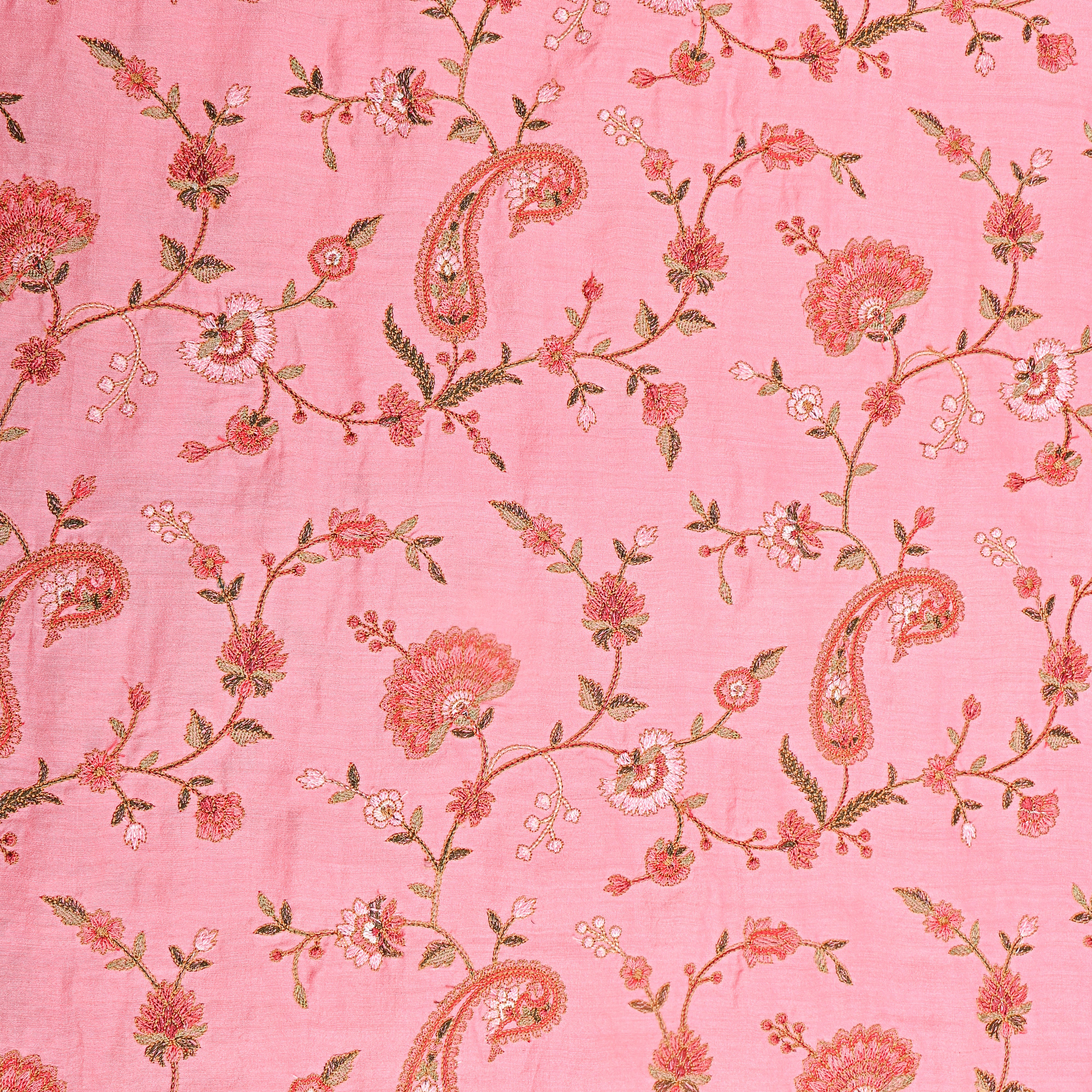 Dark Blush Pink Embroidery Tussar Silk Fabric