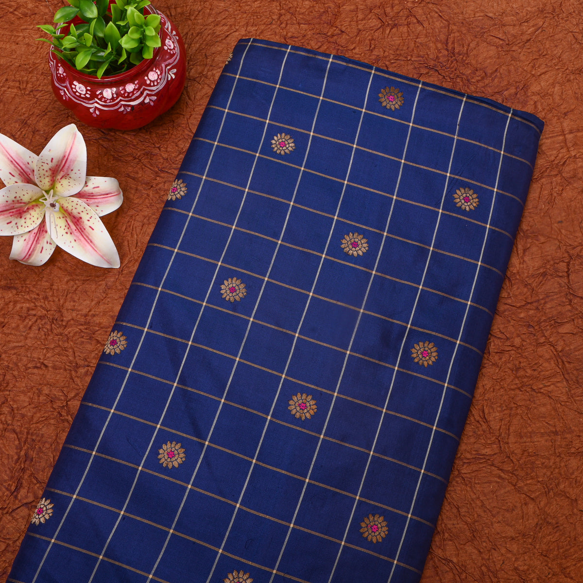 Cobalt Blue With Gold Zari Butti Jamawar Silk Fabric