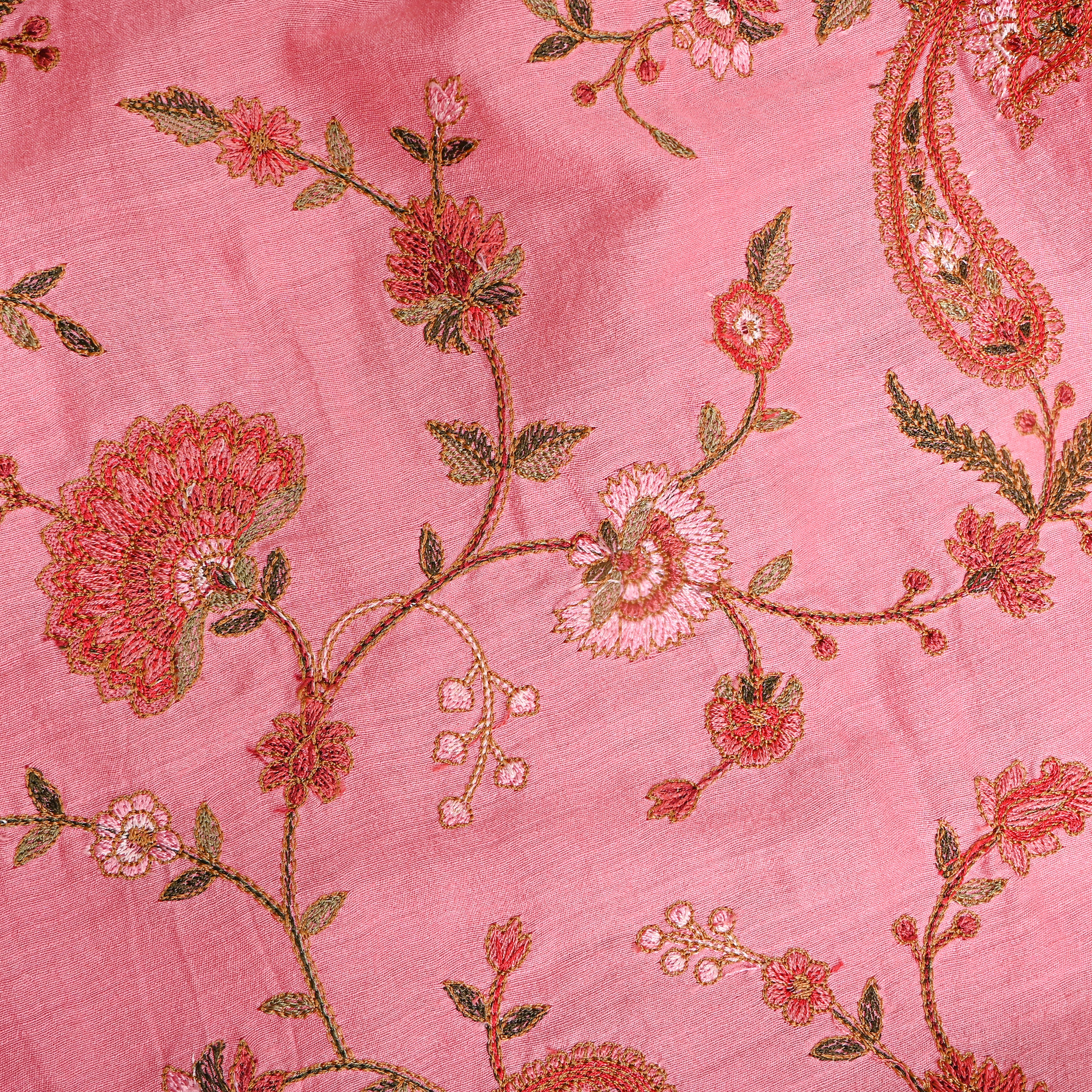 Dark Blush Pink Embroidery Tussar Silk Fabric