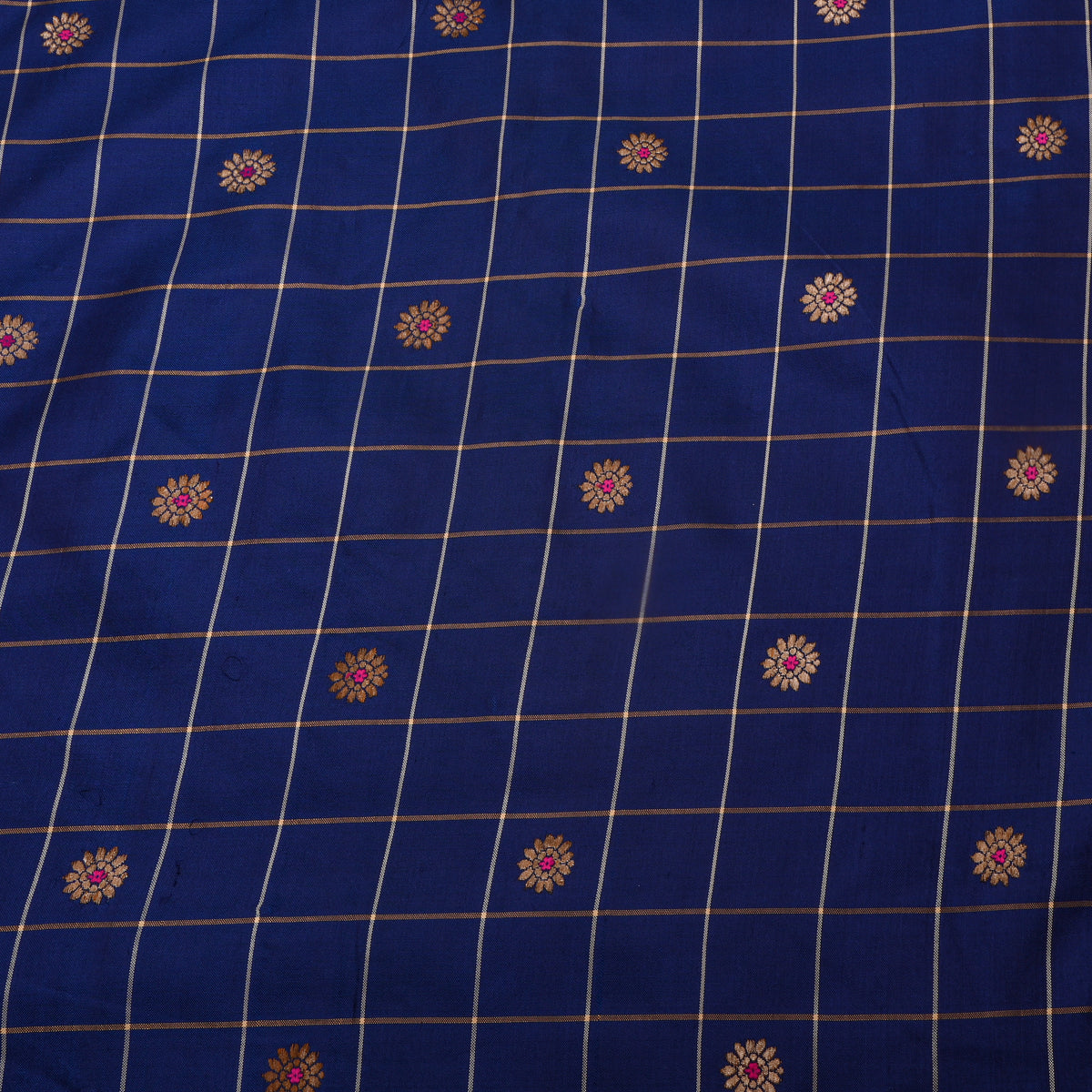 Cobalt Blue With Gold Zari Butti Jamawar Silk Fabric