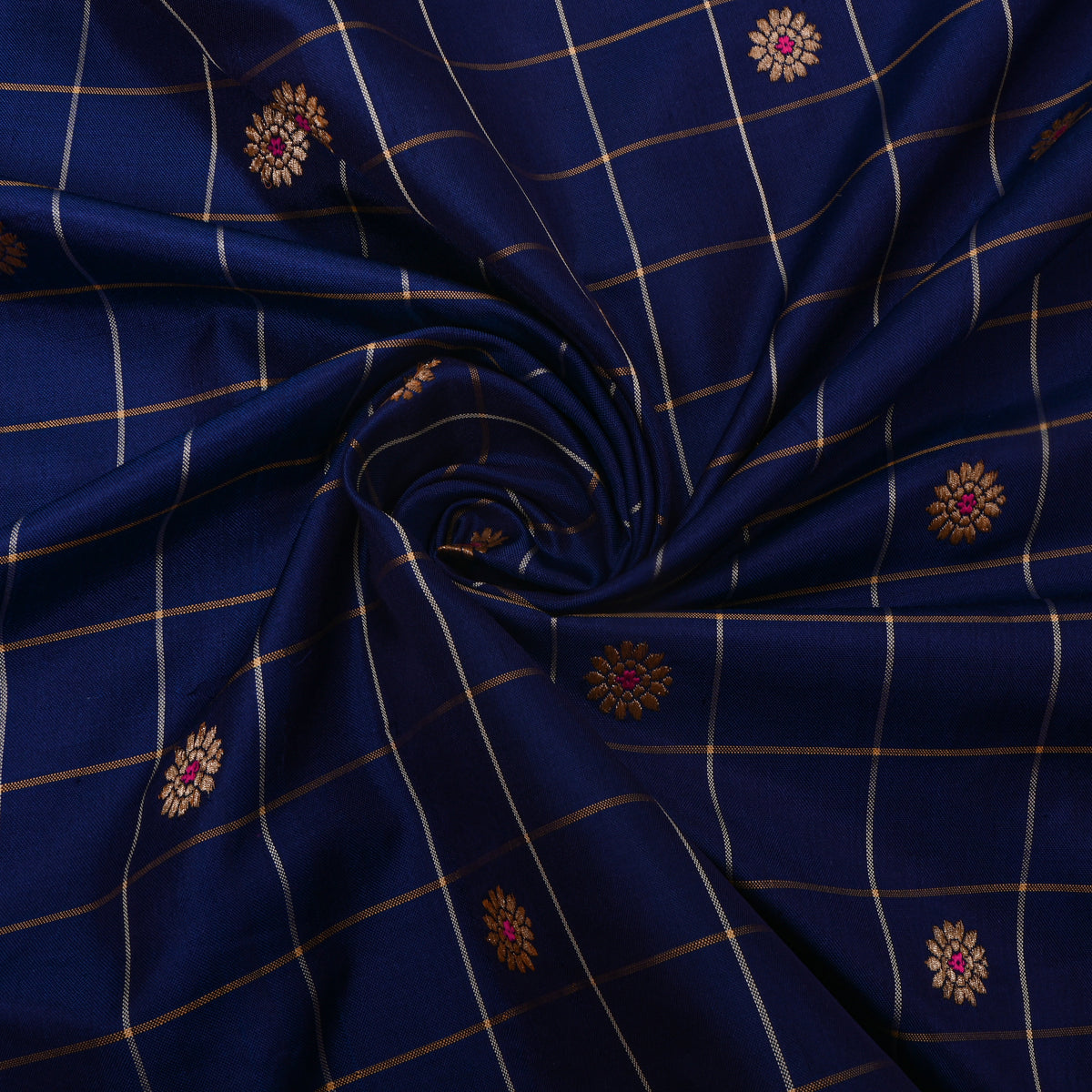 Cobalt Blue With Gold Zari Butti Jamawar Silk Fabric