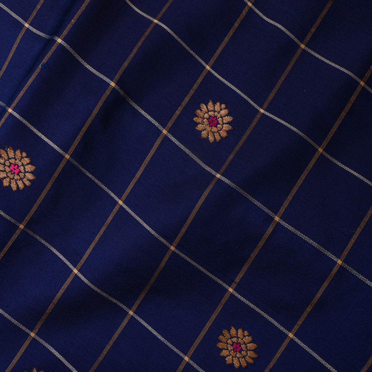 Cobalt Blue With Gold Zari Butti Jamawar Silk Fabric